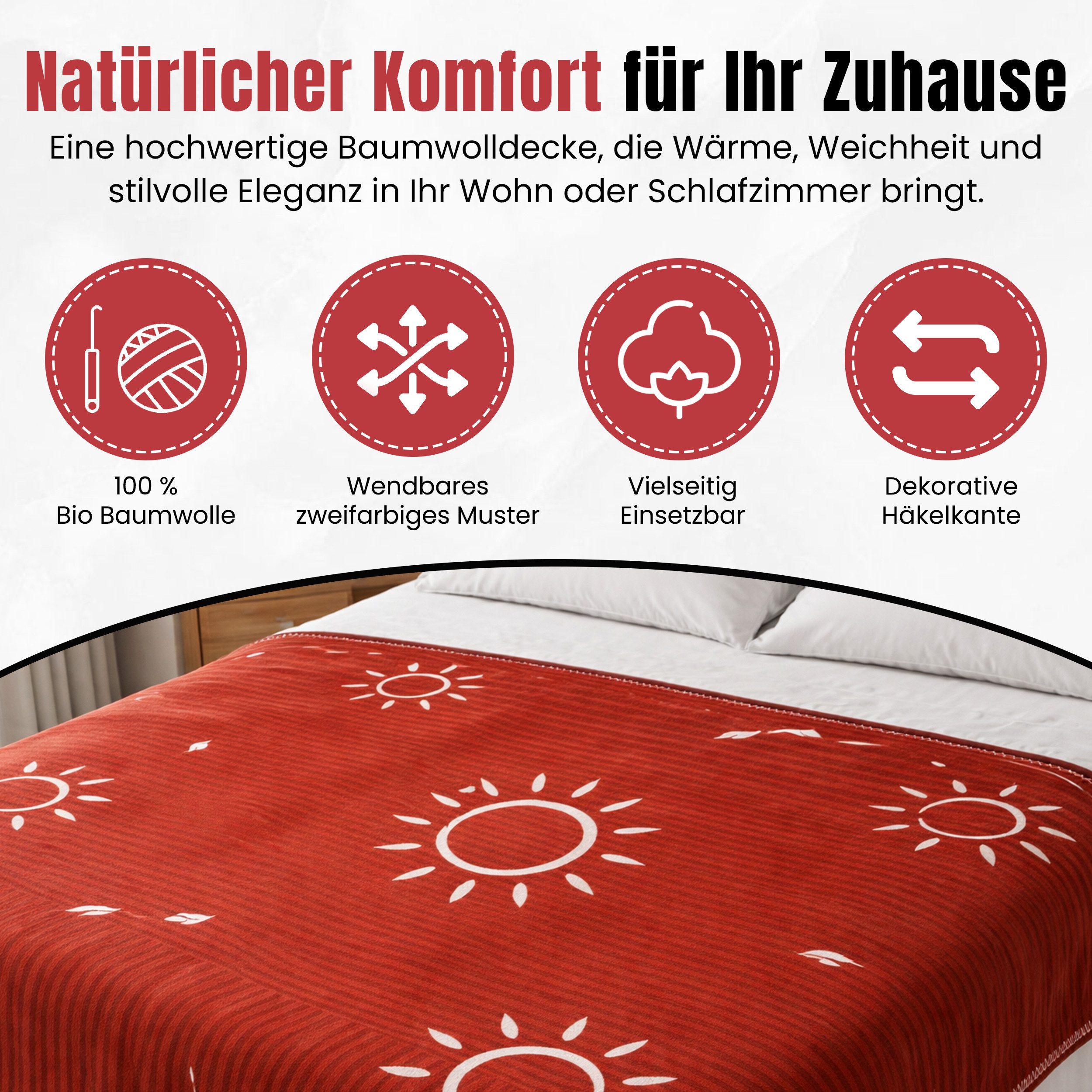 geborgenschlafen Tagesdecke Kuscheldecke SONNENGRUß - Bio-Baumwolle, mit Häkelkante - GOTS zertifiziert