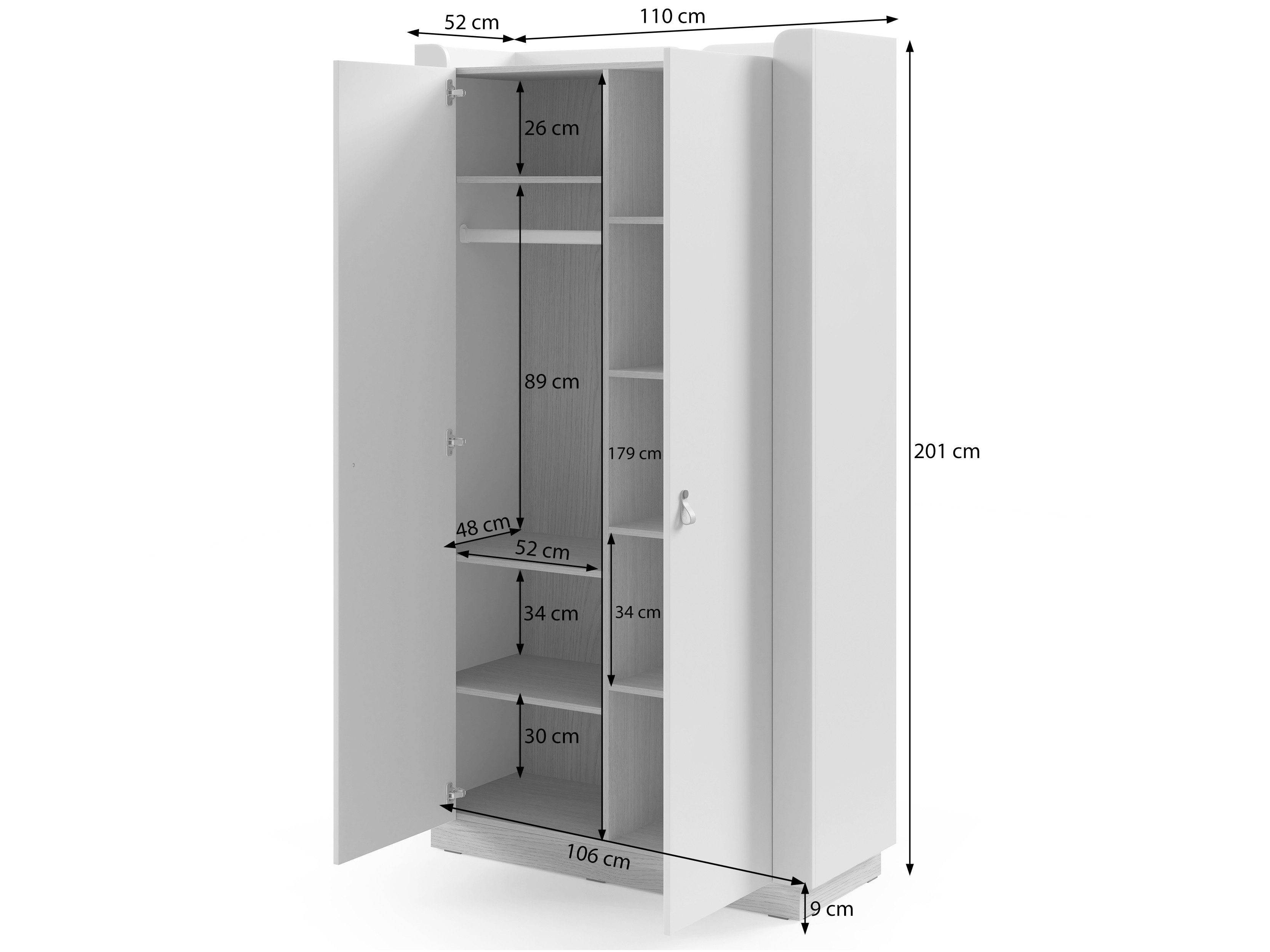 Beautysofa Kleiderschrank SORELLA 2-türig, 110 cm (moderner Schlafzimmerschrank mit Kleiderstange, Einlegeböden, Designergriffen aus Leder) Jugendzimmerschrank in Porcini oder Macadamia mit Eiche Mavelie