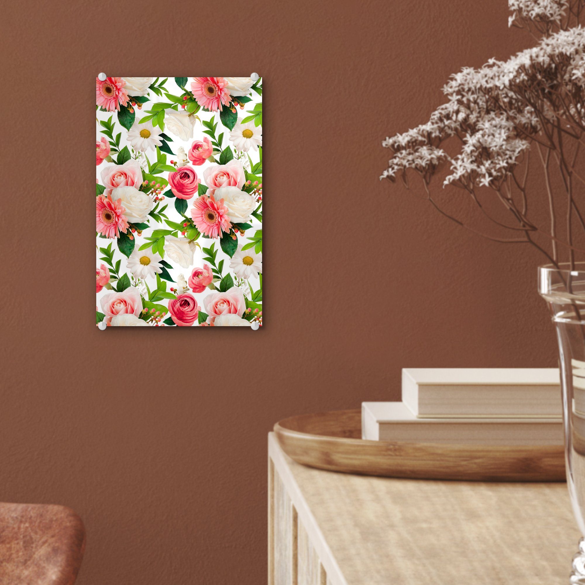 Foto St), auf Rosen Blumen MuchoWow Collage, auf Glas - - - - Glasbilder Wandbild Wanddekoration (1 Bilder Glas Acrylglasbild -