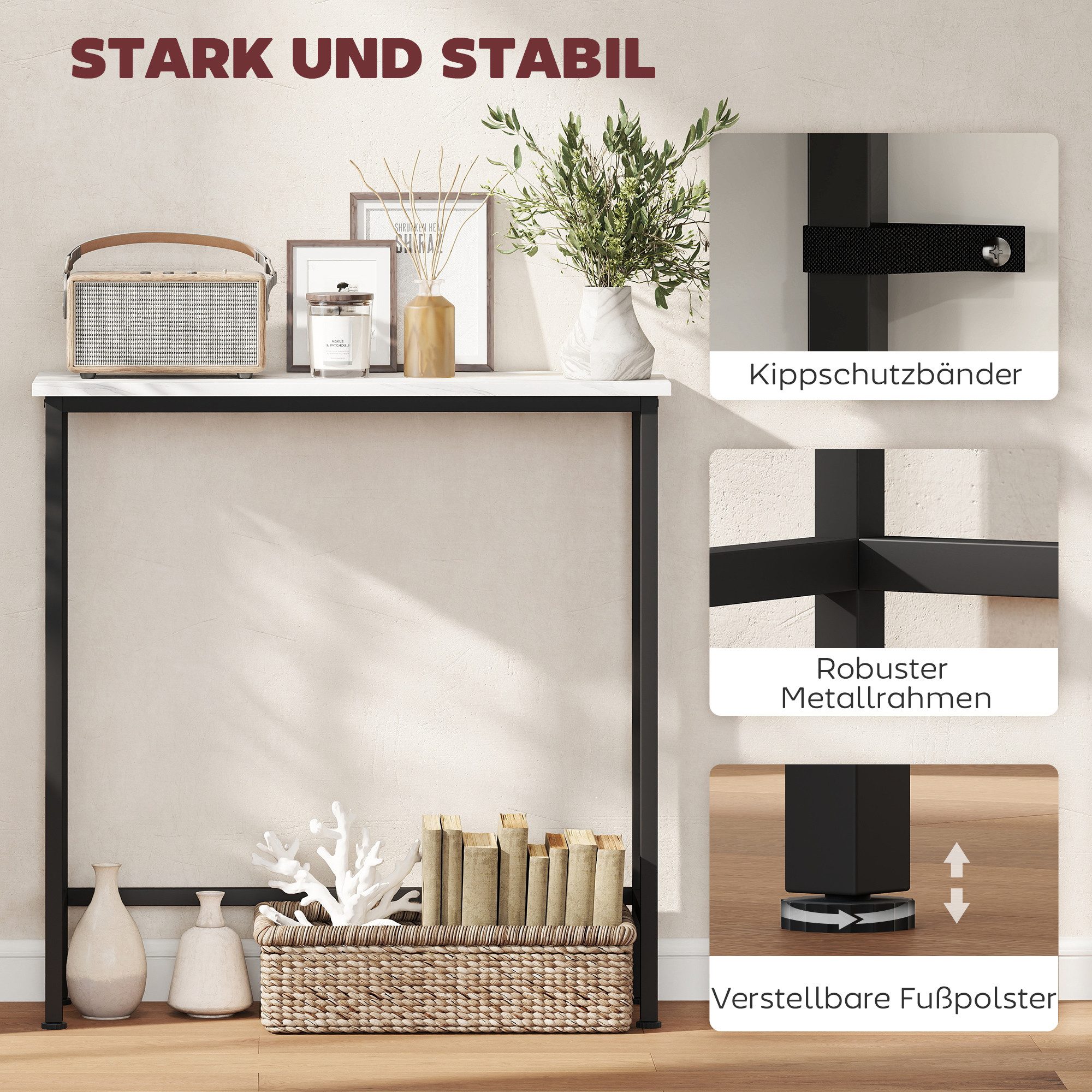HOMCOM Konsolentisch Sofatisch Ausstellungstisch verstellbar Fußpads Kippschutz (Beistelltisch, 1-St., Flurtisch), für Kleinen Raum, Eingang, Flur, Wohnzimmer 7 – Bild 5 von 5