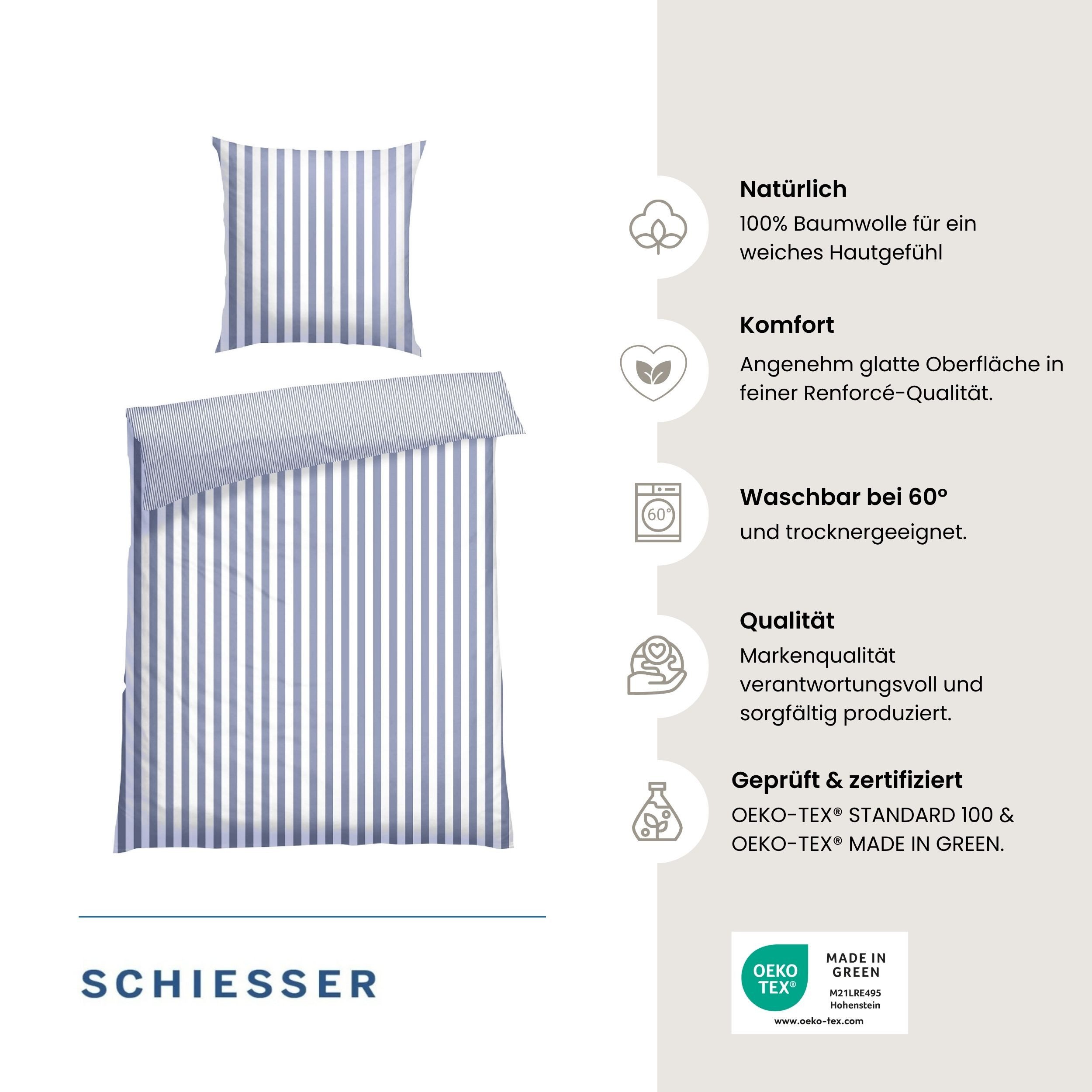 Schiesser Wendebettwäsche Marie aus weicher Baumwolle und Streifen Allover, Renforcé, 2 teilig, OEKO-TEX® MADE IN GREEN – Bild 2 von 5