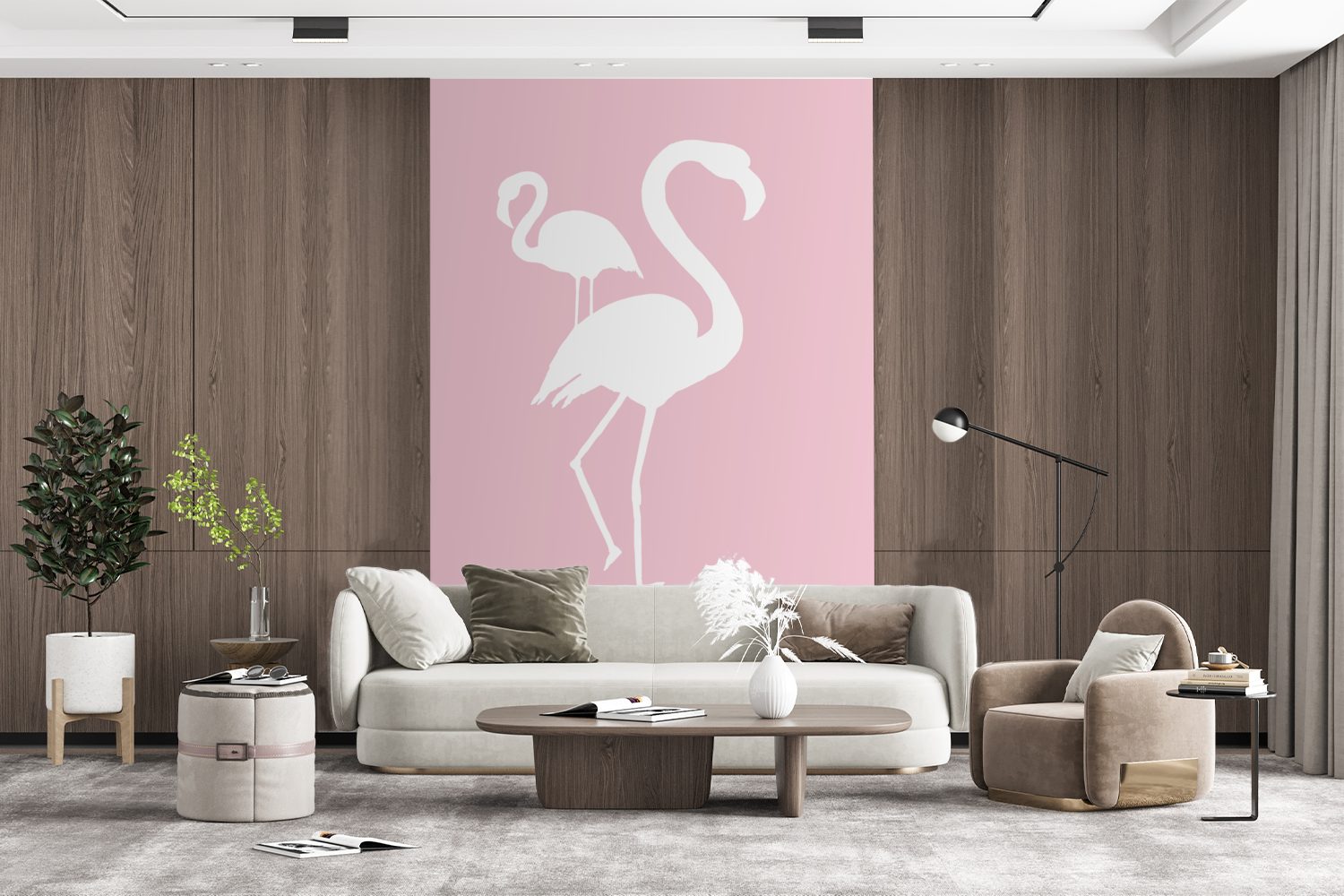 Wandtapete - Montagefertig bedruckt, - Wohnzimmer, Tapete MuchoWow Fototapete für Weiß (3 Matt, Flamingo, Rosa Vinyl St),