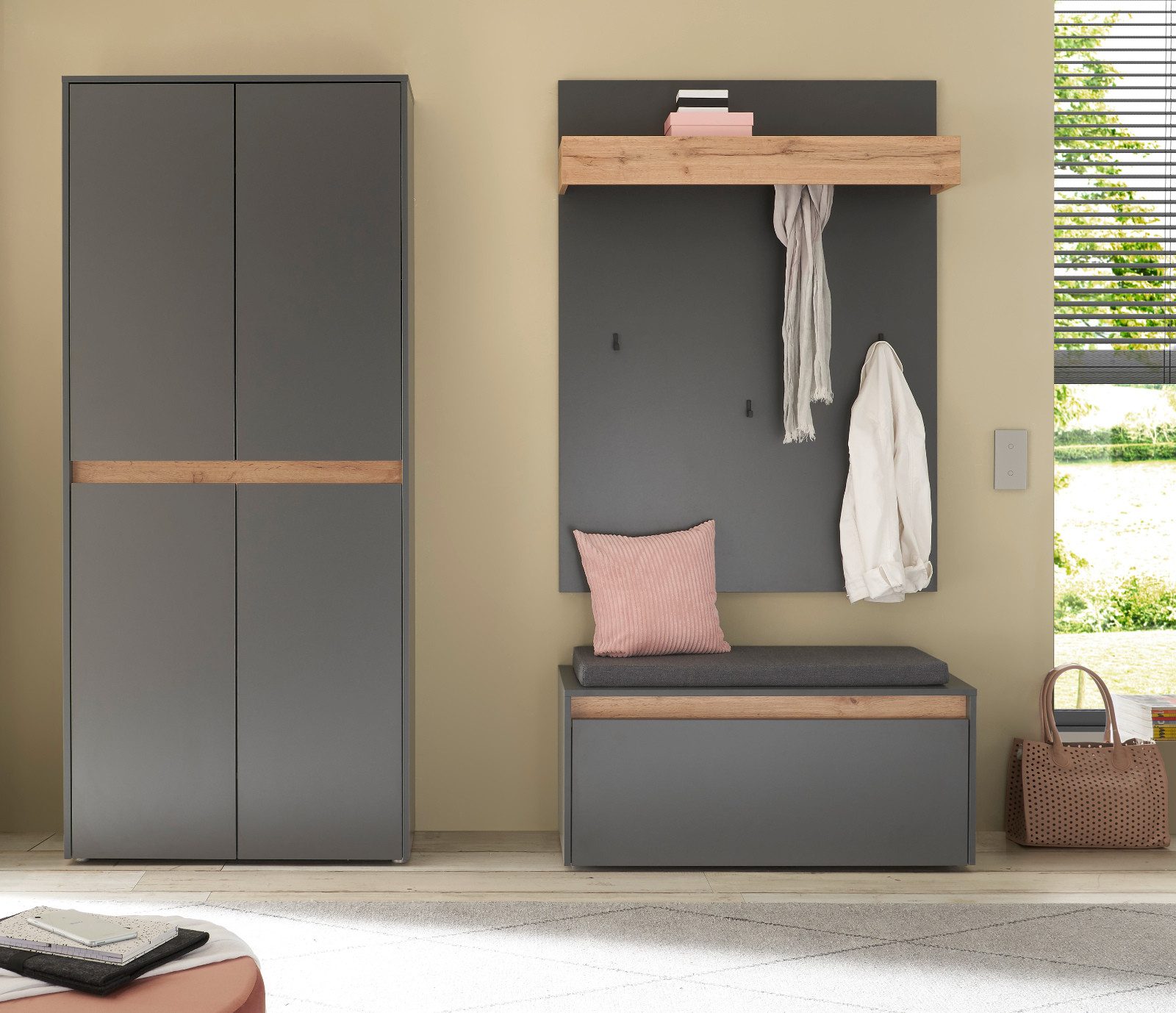 Furn.Design Garderoben-Set Center, (Flurgarderobe in grau mit Wotan Eiche, 4-teilig, 190 x 200 cm), mit viel Stauraum