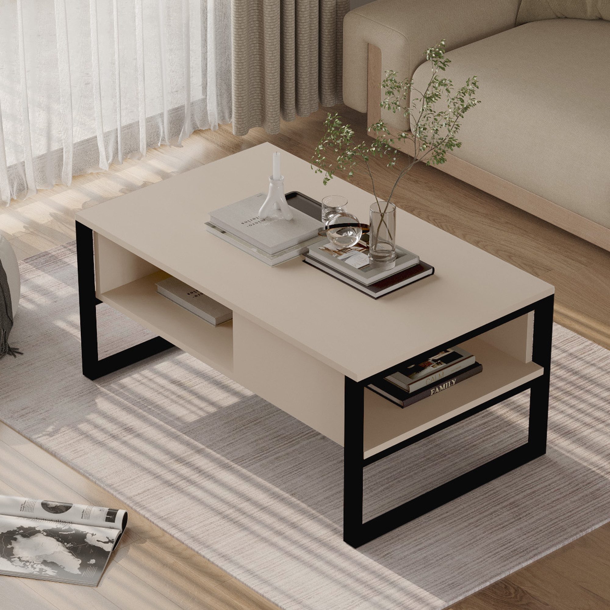 en.casa Couchtisch, »Laukaa« rechteckig Metallgestell 100 x 60 x 45 cm Graubeige