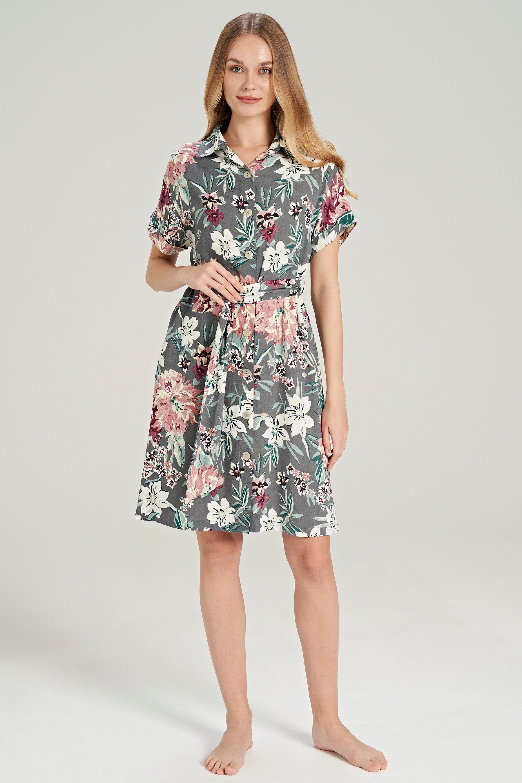 FEYZA Nachthemd Damen Nachthemd mit großem Blumenmuster und Knopfleiste vorne Viskose