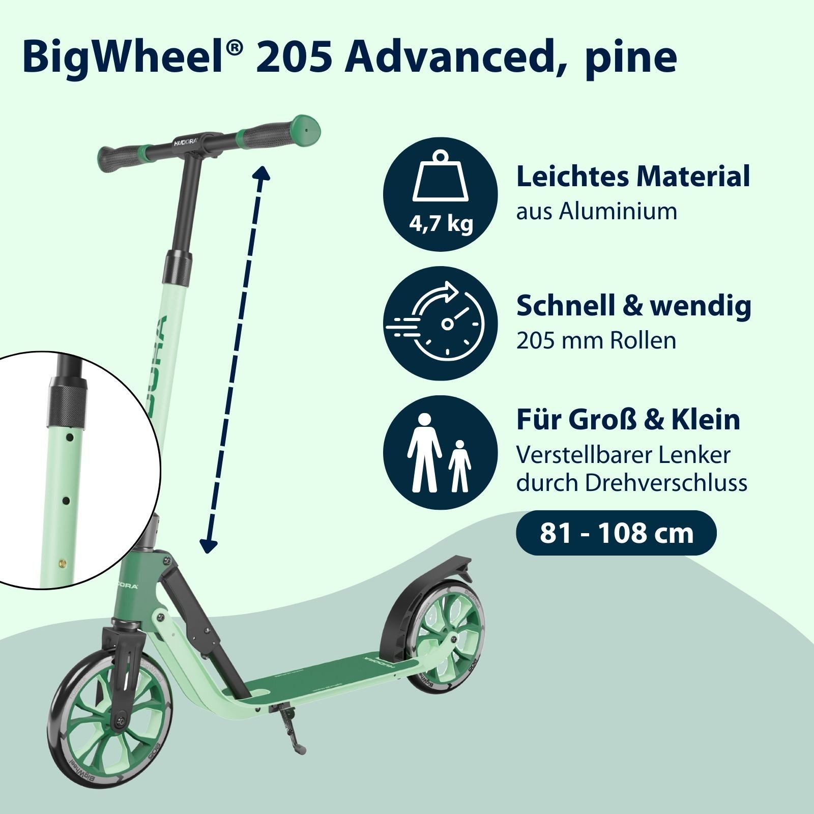 Hudora Cityroller BigWheel® 205 Advanced, Tretroller, (max. 100kg), einklappbarer, höhenverstellbarer Kick-Scooter