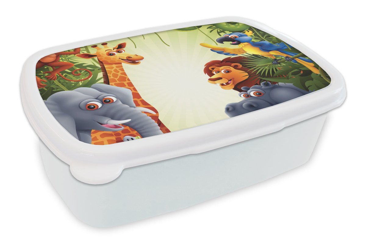 MuchoWow Lunchbox Dschungel - Jungen - Mädchen - Baby - Elefant - Löwe - Giraffe, Kunststoff, (2-tlg), Brotbox für Kinder und Erwachsene, Brotdose, für Jungs und Mädchen weiß
