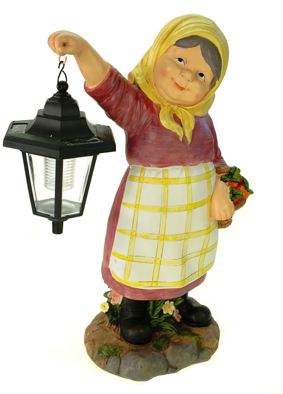 Kremers Schatzkiste Gartenfigur Oma Edeltraud mit Solarlaterne und Korb Figur Gartenfigur 38 cm Garten Ältere Dame