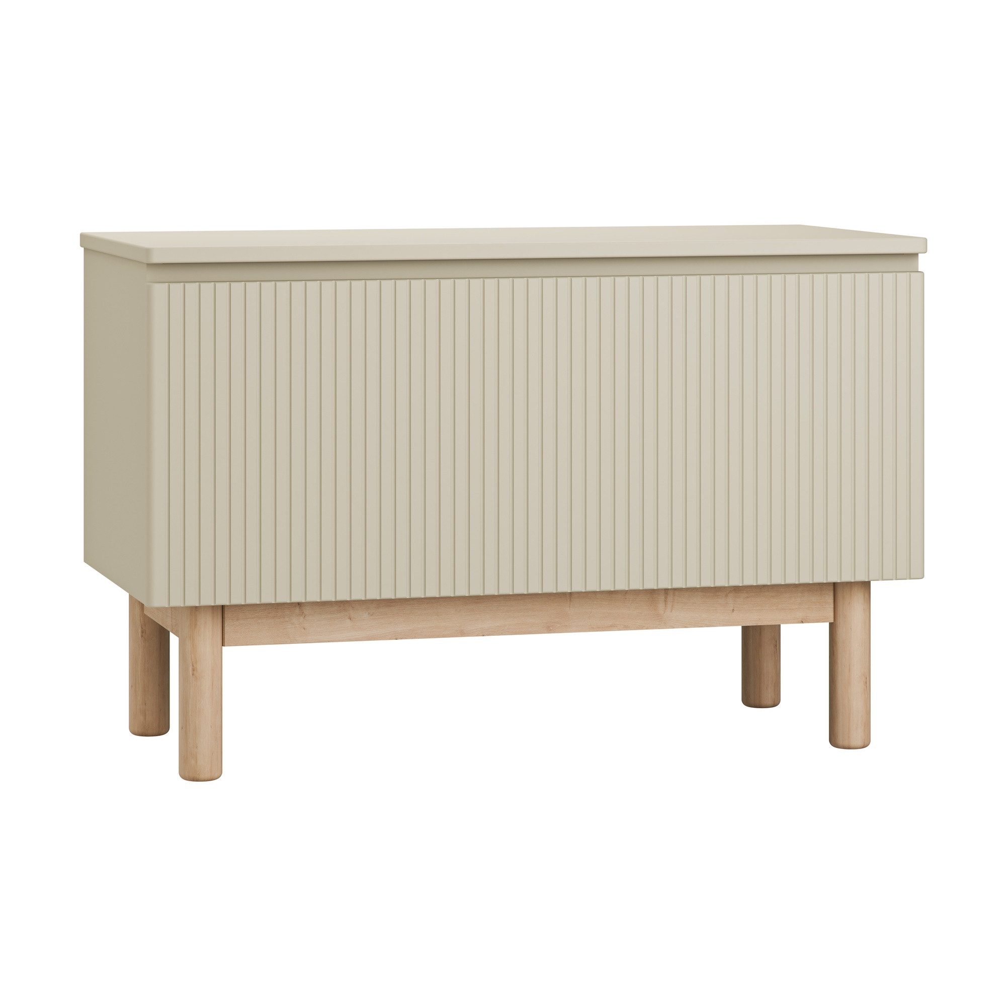 Raumhirsch Furniture Spielzeugtruhe Elegante Spielzeugtruhe MILOO mit Absenkautomatik (Maße: 90,6 x 42,5 x 58,8 cm (Absenkautomatik, vielseitig einsetzbar), Geriffelte Fronten, Buchenholz-Elemente, klassisch-modernes Design