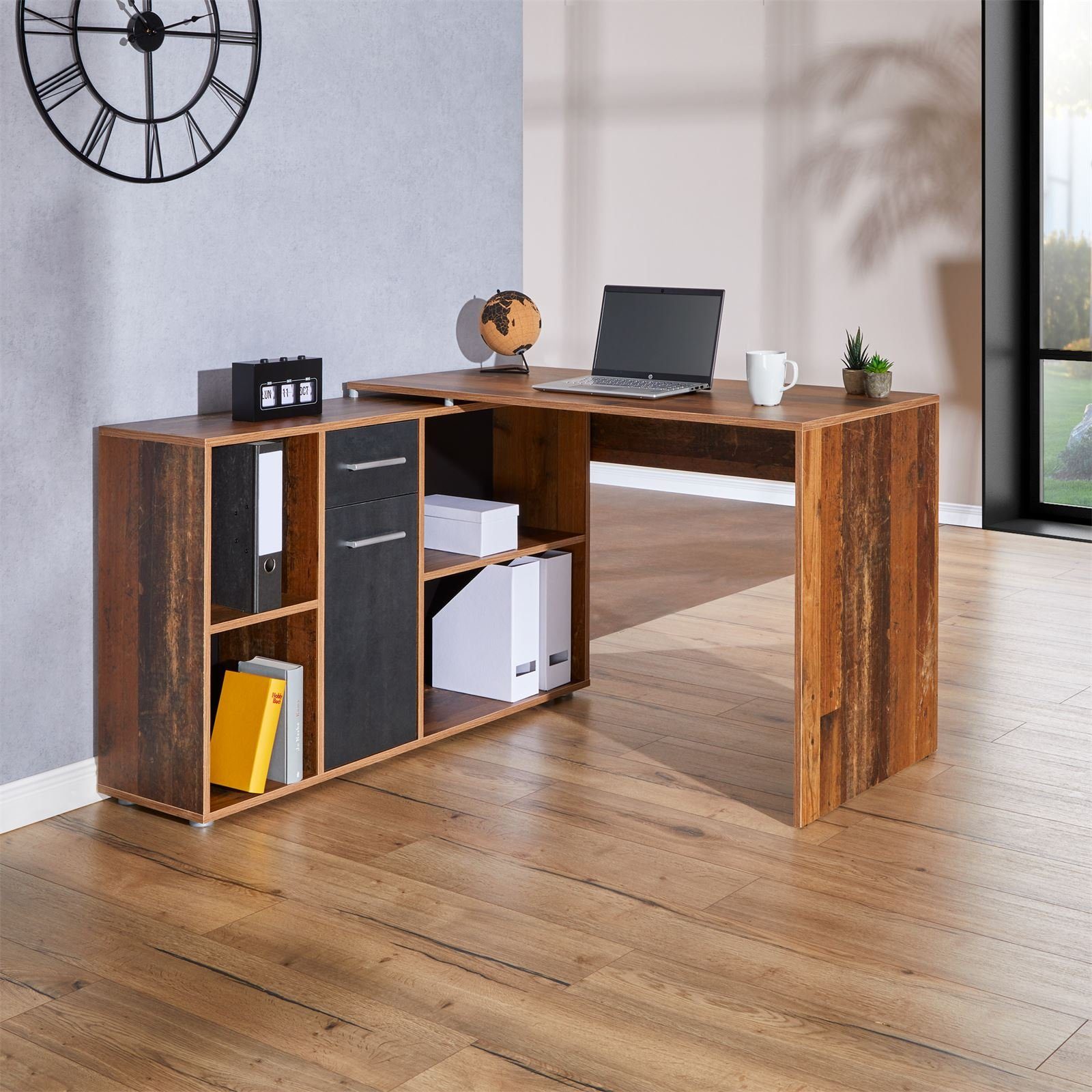DIEGO, Büro Eckschreibtisch Arbeits CARO-Möbel Eckschreibtisch mit Winkelschreibtisch Old Style/Be Regal