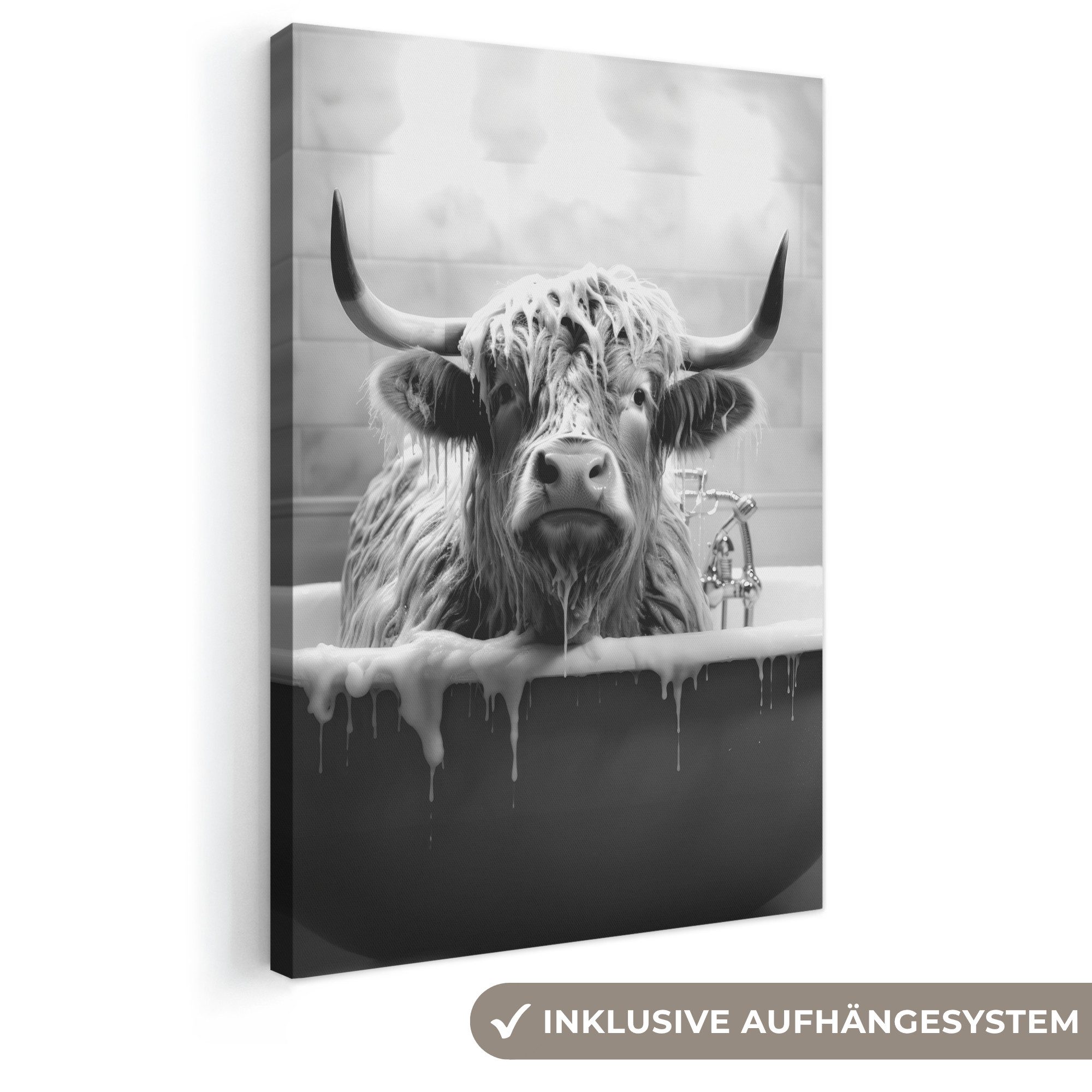 OneMillionCanvasses® Leinwandbild Schottischer Highlander - Schwarz und Weiß - Bad - Schaumstoff, Fotodruck (1 St), Leinwand Canvas Wandbild, Wanddekoration 20x30 cm