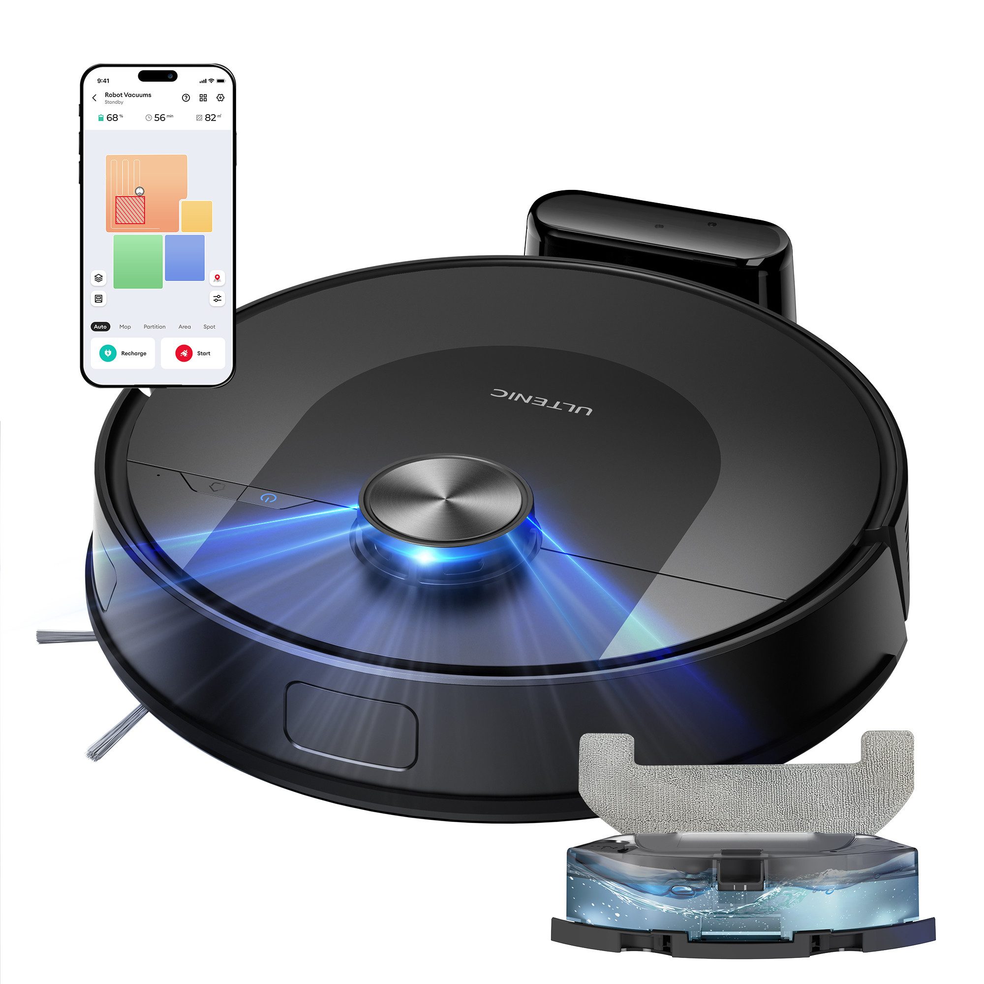 Ultenic Saugroboter D 10 Trocken- und Nasssaugroboter,150min,5000pa,LiDAR Lasernavigation, 420,00 W, Beutellos, mit Wischfunktion, 4.2kg,Kantenreinigung,automatische Aufladung