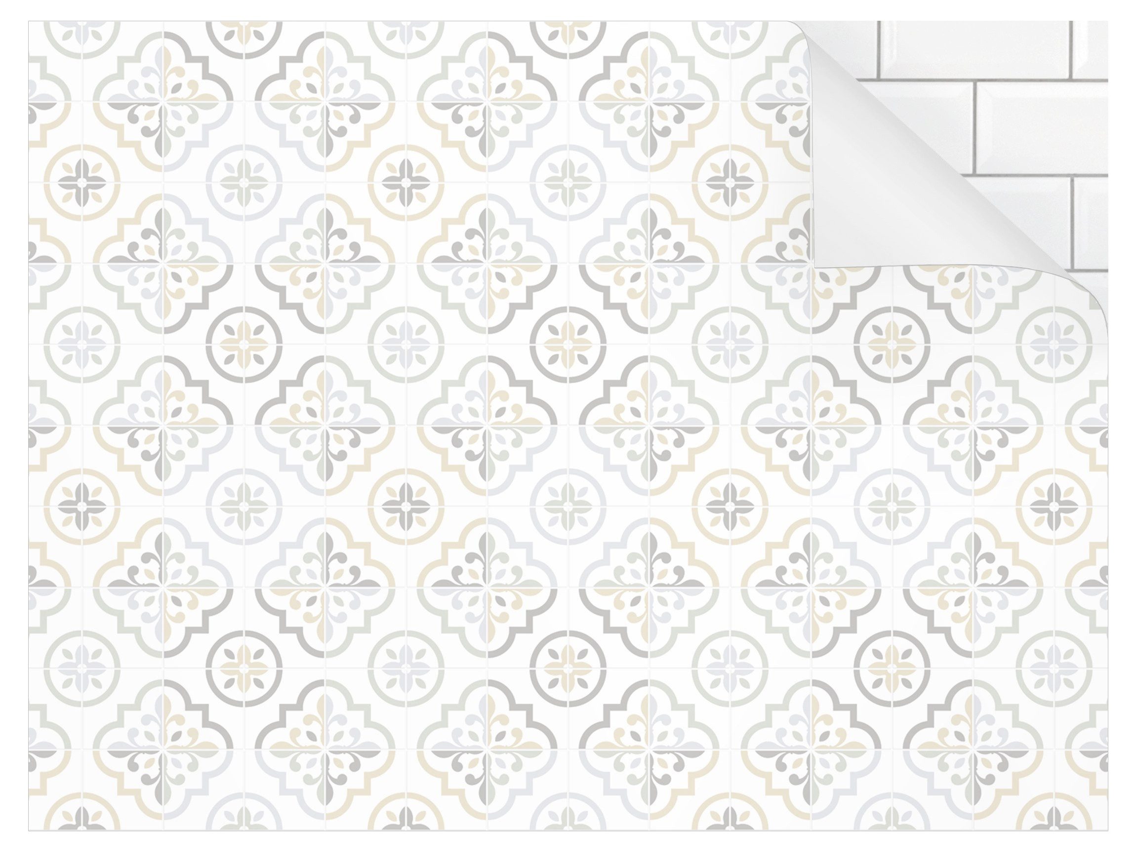 Bilderdepot24 Küchenrückwand beige dekor Vintage Плиткаoptik Ornamente Landhaus Geometrisch Asti, (1-tlg., Nischenrückwand - für Плиткаspiegel ohne Bohren - matt), Spritzschutz Rückwand Küche Herd - Folie selbstklebend versch. Größen
