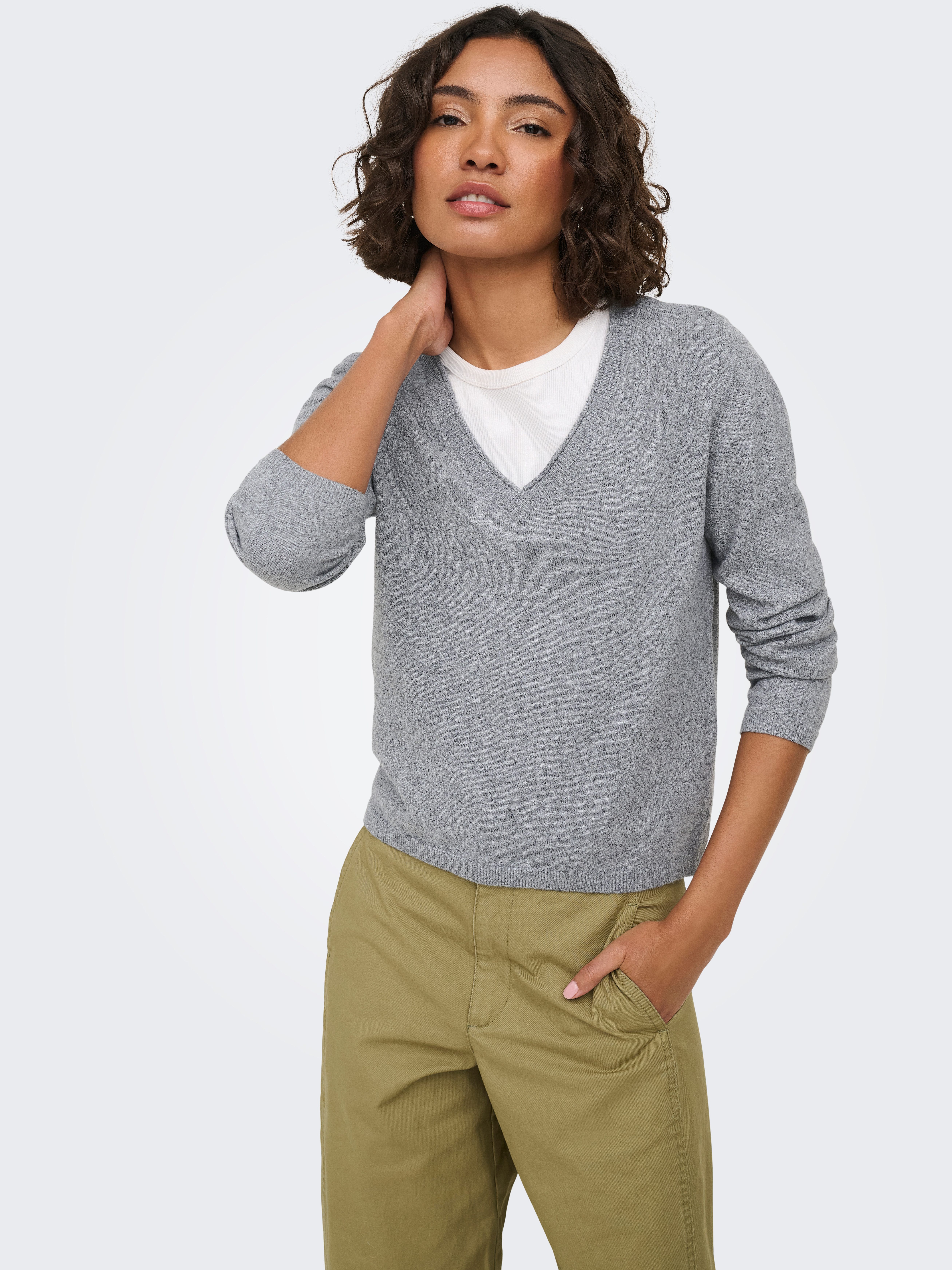 ONLY V-Ausschnitt-Pullover ONLLOYAL LIFE LS V-NECK PULLO KNT NOOS Materialmix