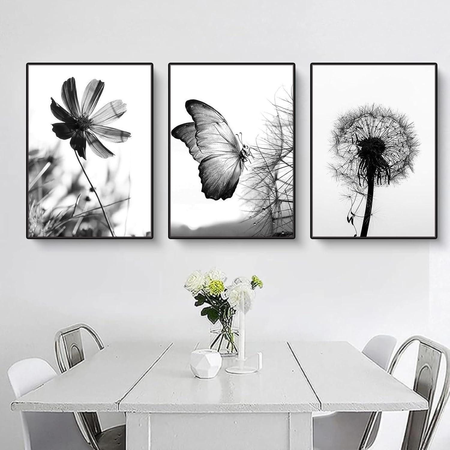 Martin Kench Poster 3er Poster Set Schwarz-Weißer Schmetterling Blume Löwenzahn - Modernes