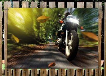 Wallario Sichtschutzzaunmatten Fahrendes Motorrad im Wald mit Herbstlaub