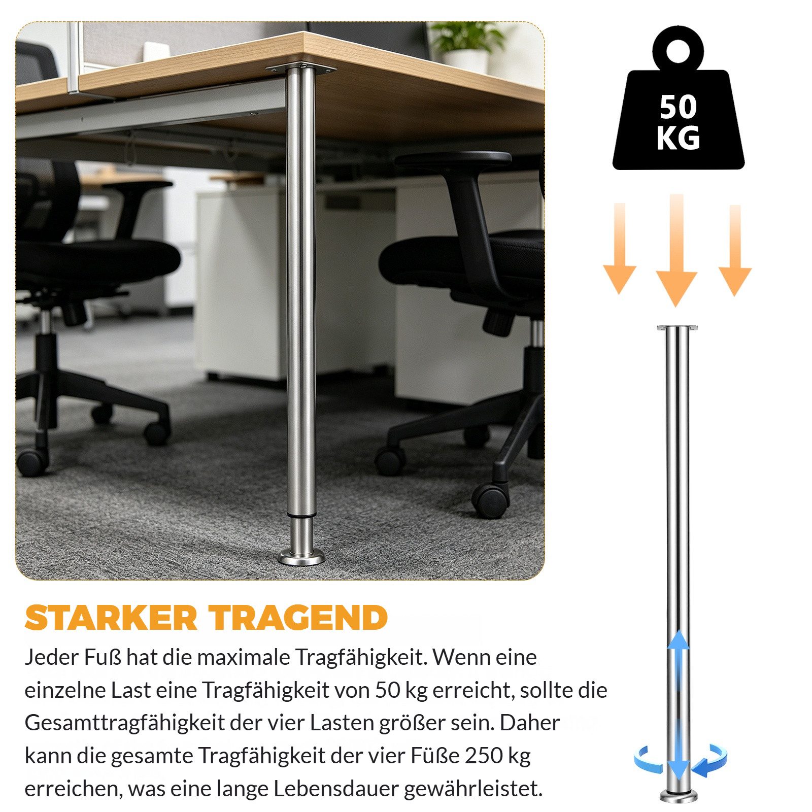 BlingBin Möbelfuß Höhenverstellbare Tischbeine Edelstahl, rutschfest, robust & langlebig, (2er Set, 2-St., Verstellbare Tischbeine 720–1100 mm, Ø50 mm), Möbelbe – Bild 5 von 5