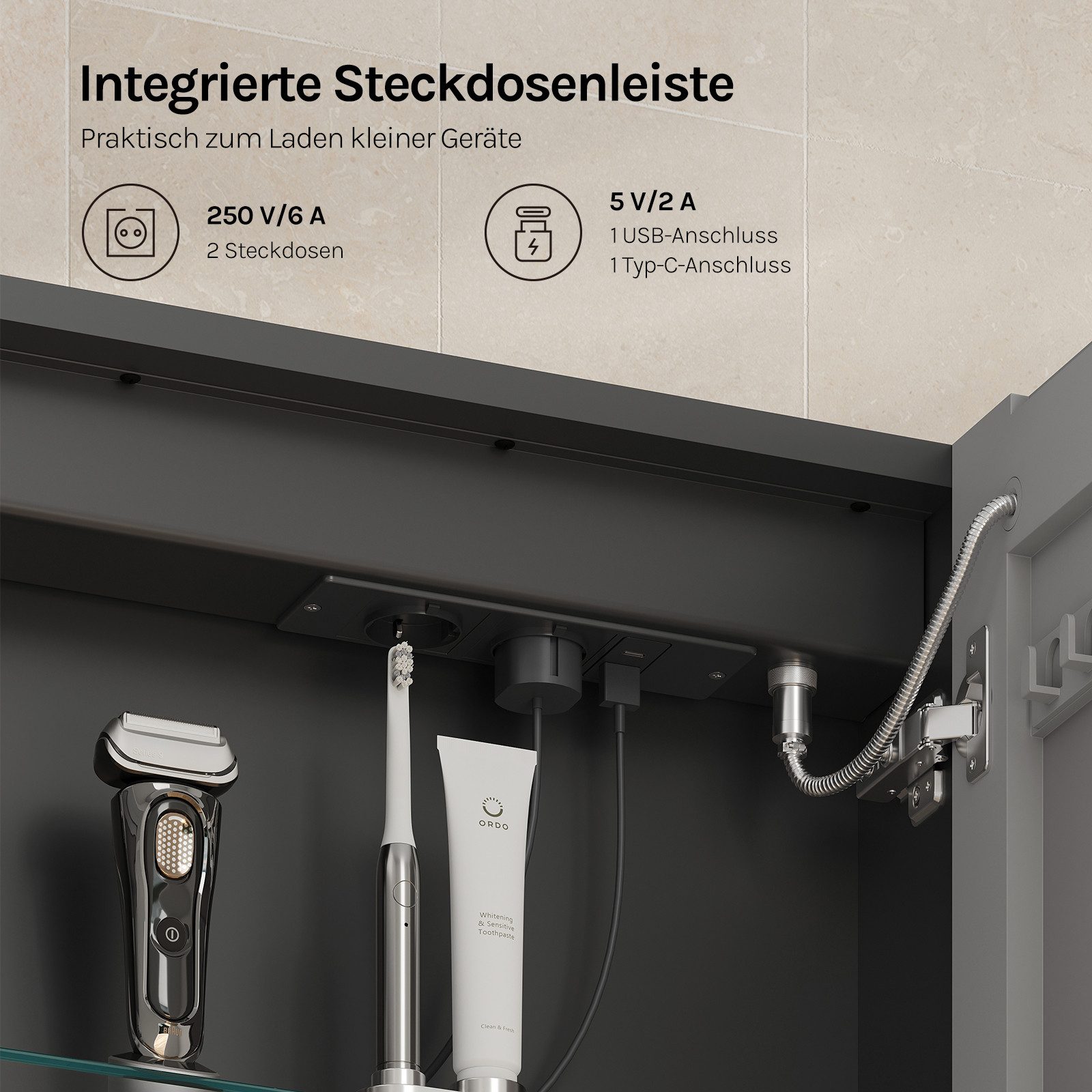 Woltu Spiegelschrank (1-St) Badezimmerschrank mit Beleuchtung Steckdosenleiste und Ablagen – Bild 5 von 5