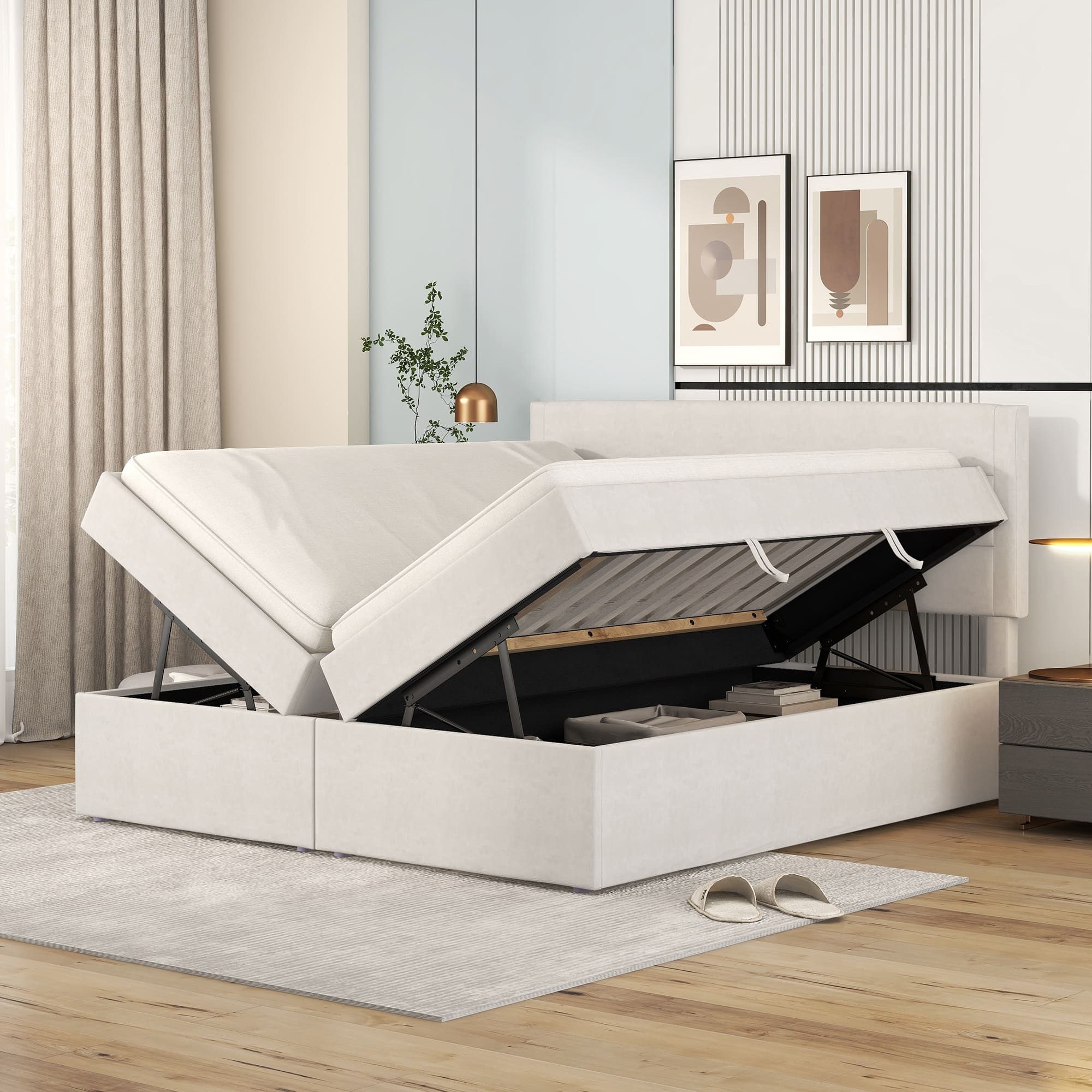 Ulife Upholstered Bed 140x200 with Metal Frame & Storage Space (Beige)