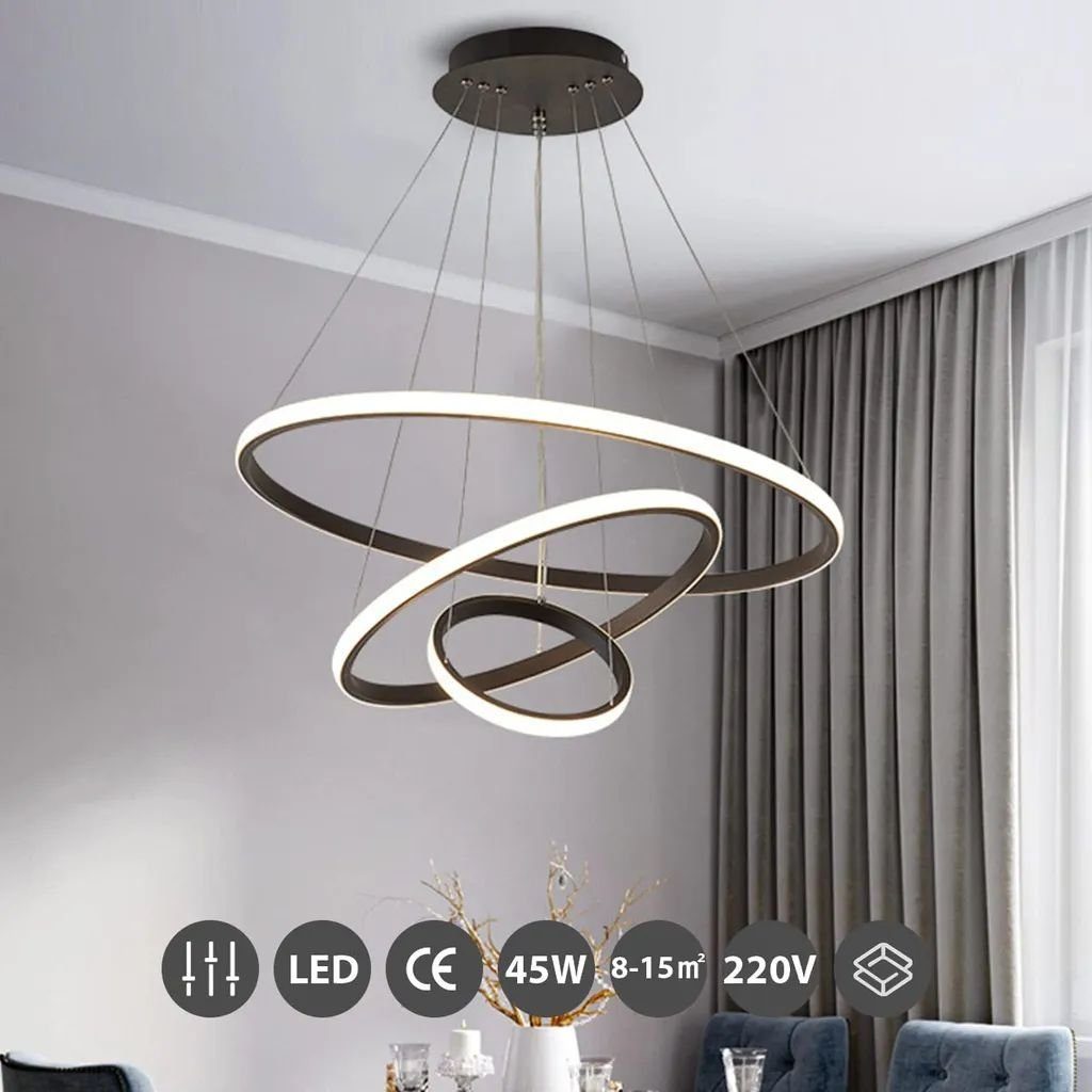 JDONG LED Pendelleuchte 3 Ringen Modern LED Hängelampe Schwarz 53*40*20cm, 54W Esstischlampe Dimmbar mit Fernbedienung, 3000K–6500K Höhenverstellbar 120cm, DIY  – Bild 4 von 5