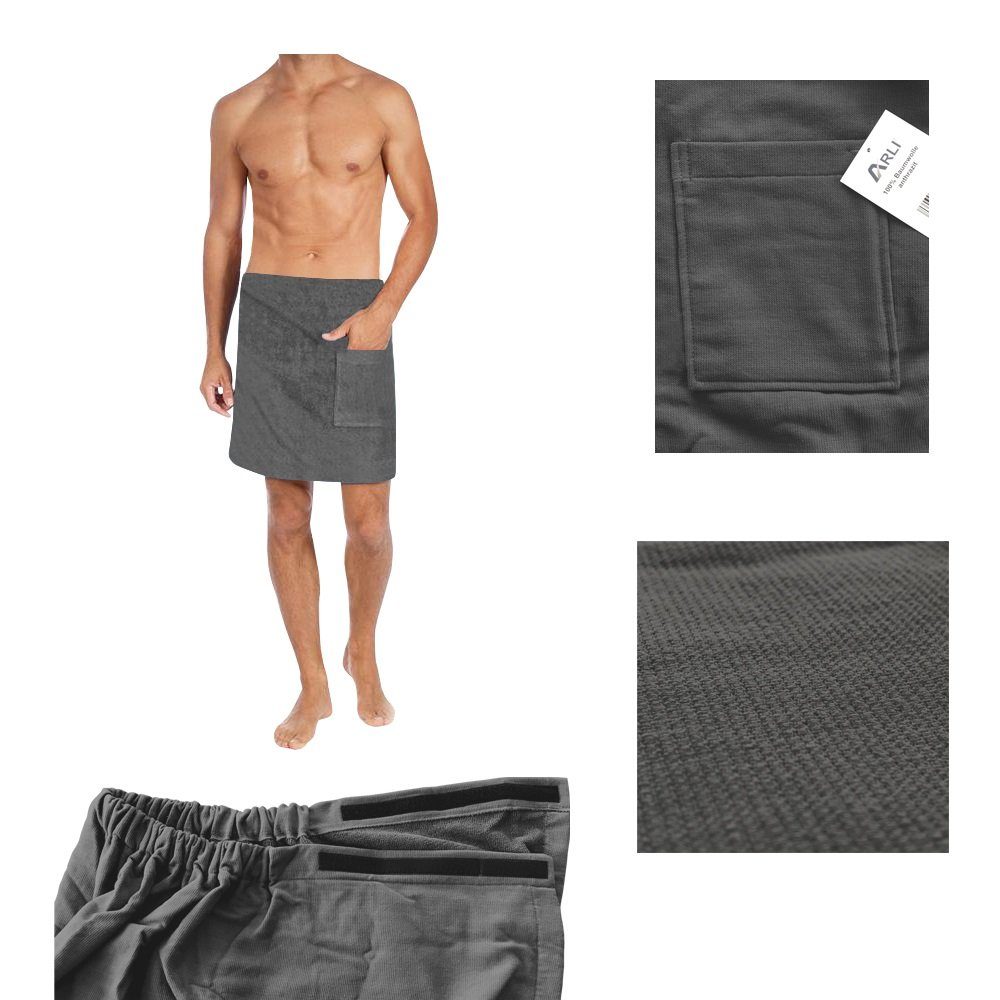 Saunahandtuch praktisch 70 Hamam, Herren (1-St) Tasche Sauna anpassbare x Größe individuell Sarong Saunakilt cm Kilt Wellness ARLI Saunatuch Saunatuch Anthrazit Klettverschluss Baumwolle 160 Gummizug