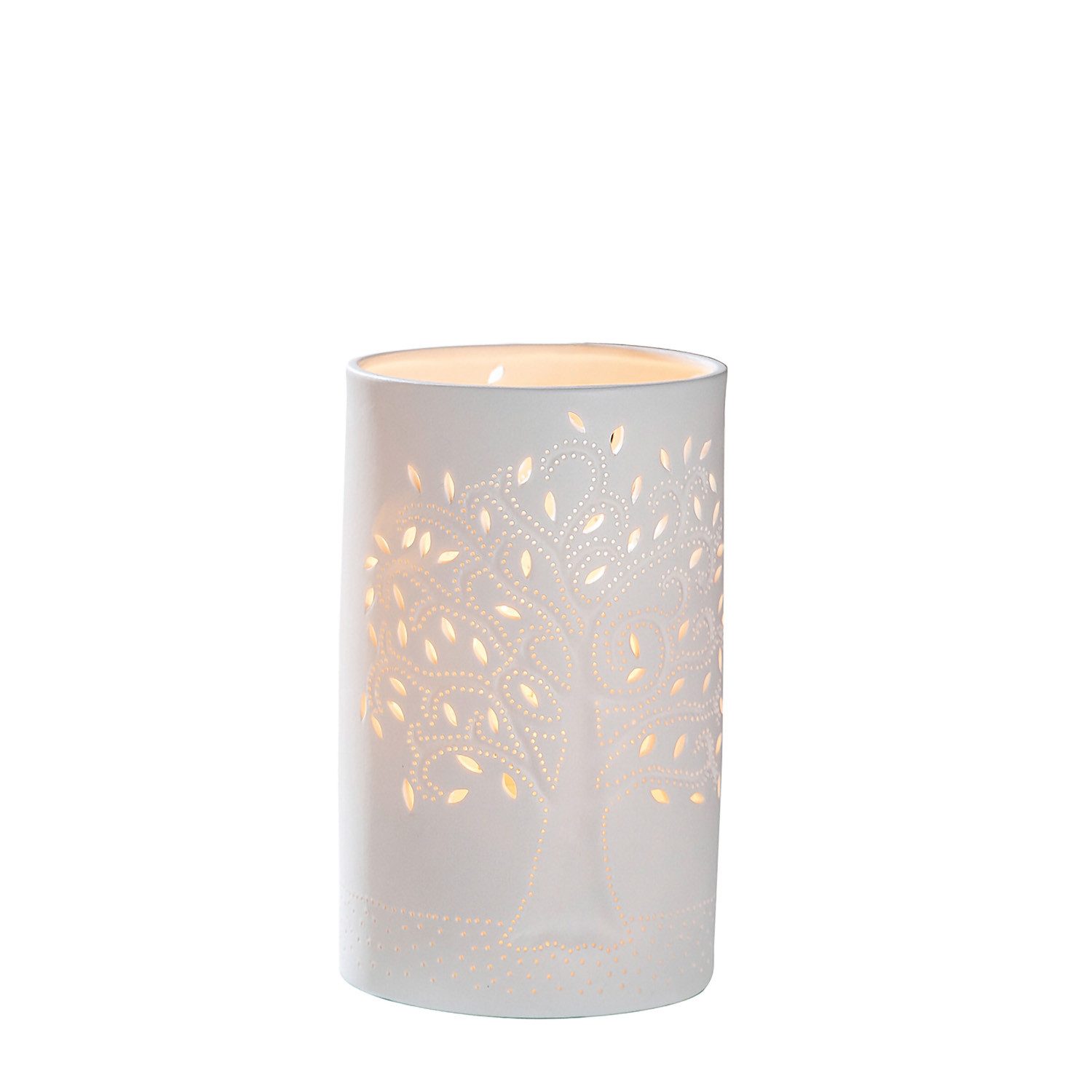 GILDE Tischleuchte GILDE Lampe Zylinder Lebensbaum - weiß - H. 20cm x B. 12cm
