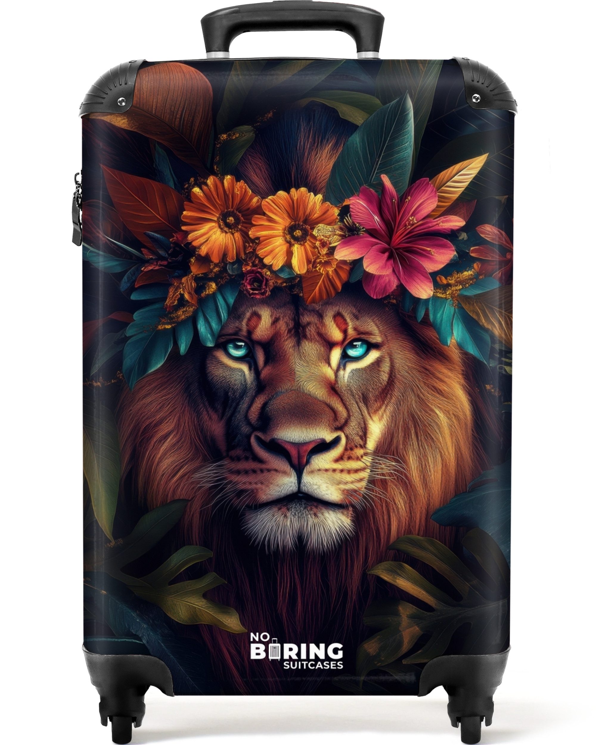 NoBoringSuitcases.com© Hartschalen-Trolley Löwe mit Blumenkrone im Dschungel 55x35x20cm, Reisetasche mit Rollen, Koffer Handgepäck Flugzeug