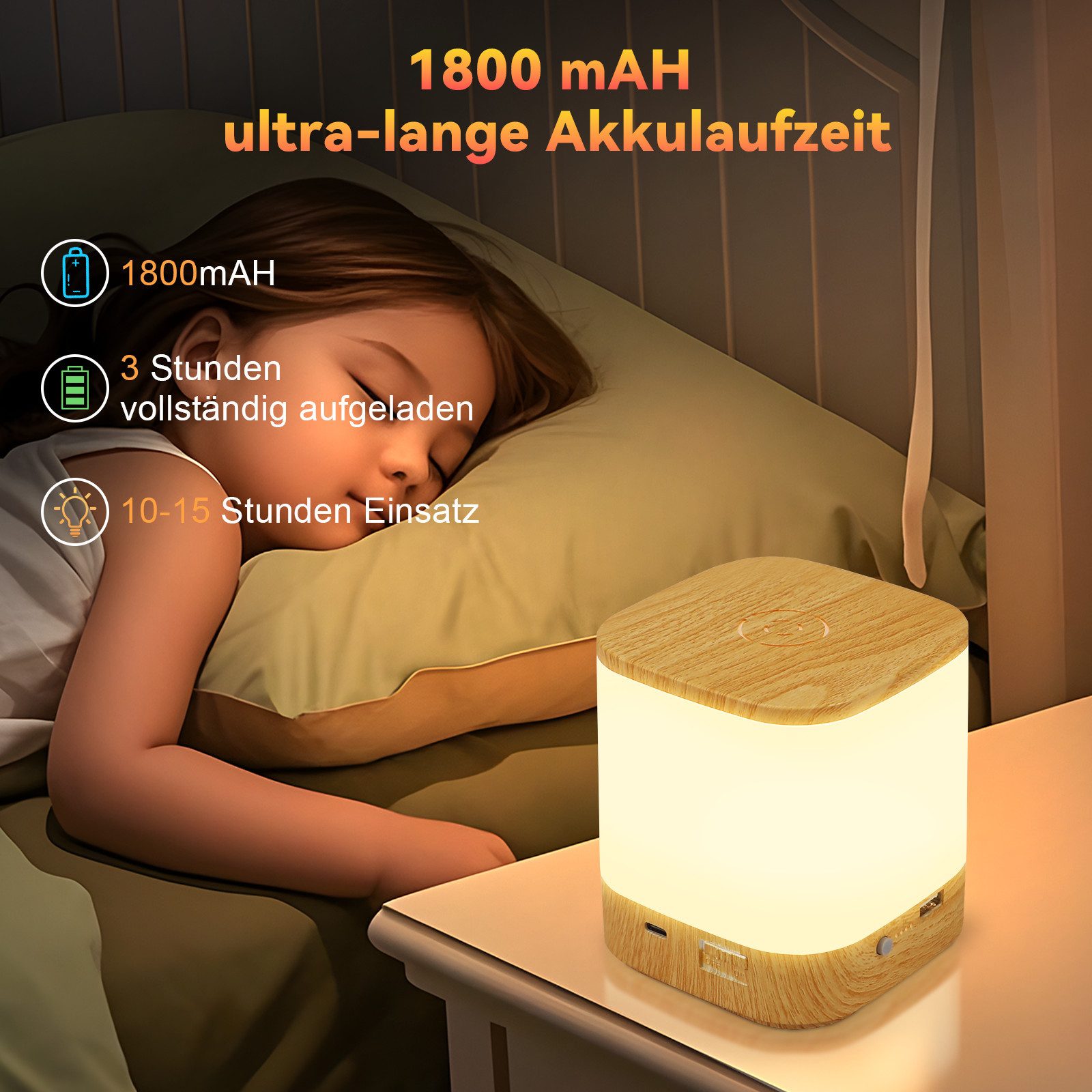 ZMH LED Tischleuchte Aufladbar Flur mit 3 Farbtemperatur Nachttischlampe Akku 3600mAH USB, LED fest integriert, 3000-6500K, Nachttischlampe für Schlafzimmer mit – Bild 2 von 4