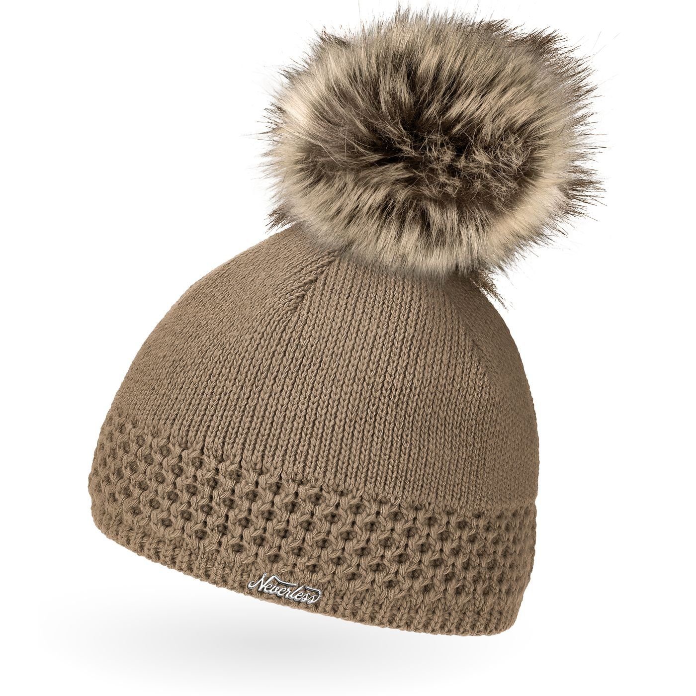 Neverless Bommelmütze Damen Strickmütze gefüttertert Fell-Bommel Kunstfell Winter-Mütze