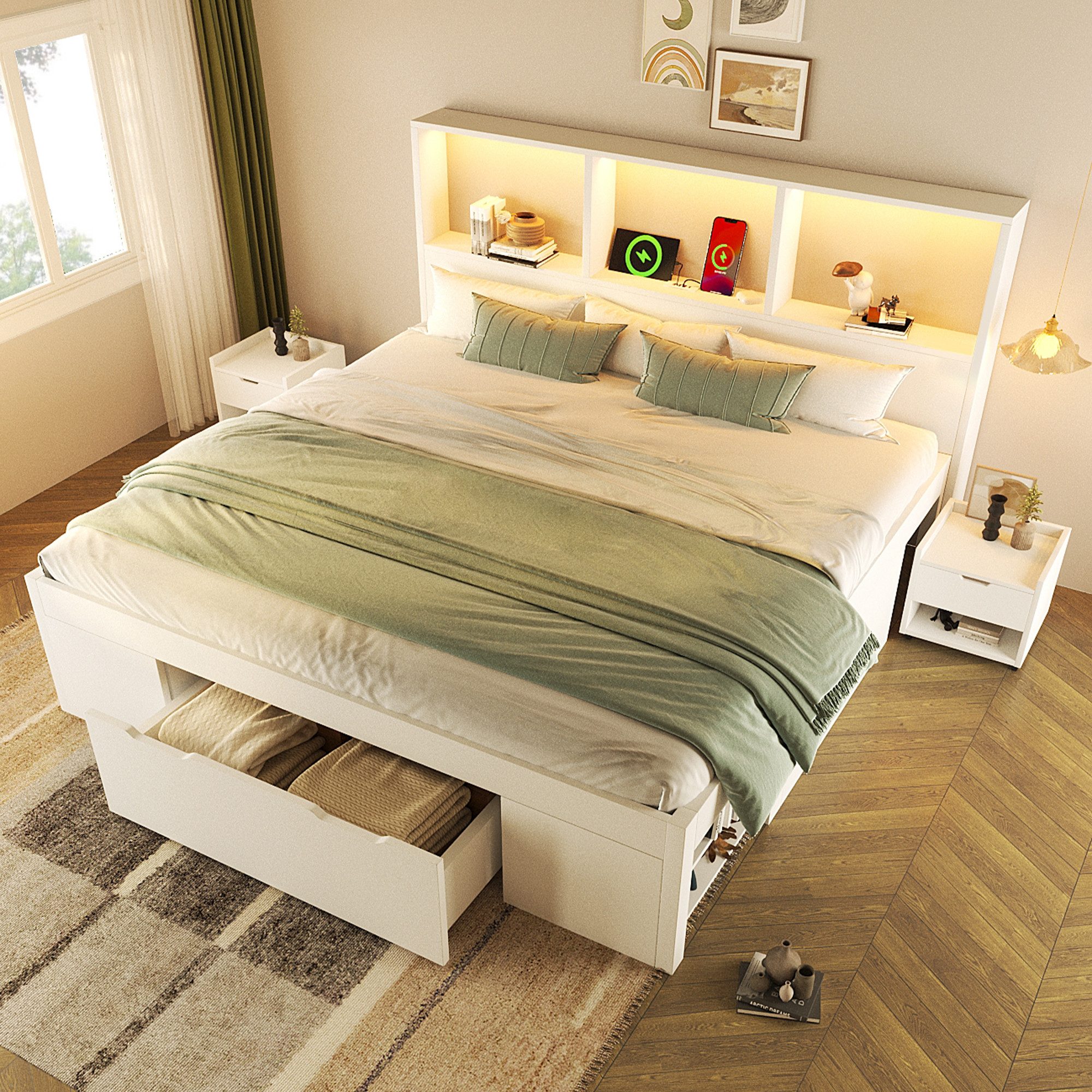 Celya Bett Funktionsbett Doppelbett 140x200 cm mit LED Beleuchtung und Stauraum (ohne Matratze, mit USB Type-C Ladefunktion, Schublade, Regalen), mit 2 beweglichen Nachttischen