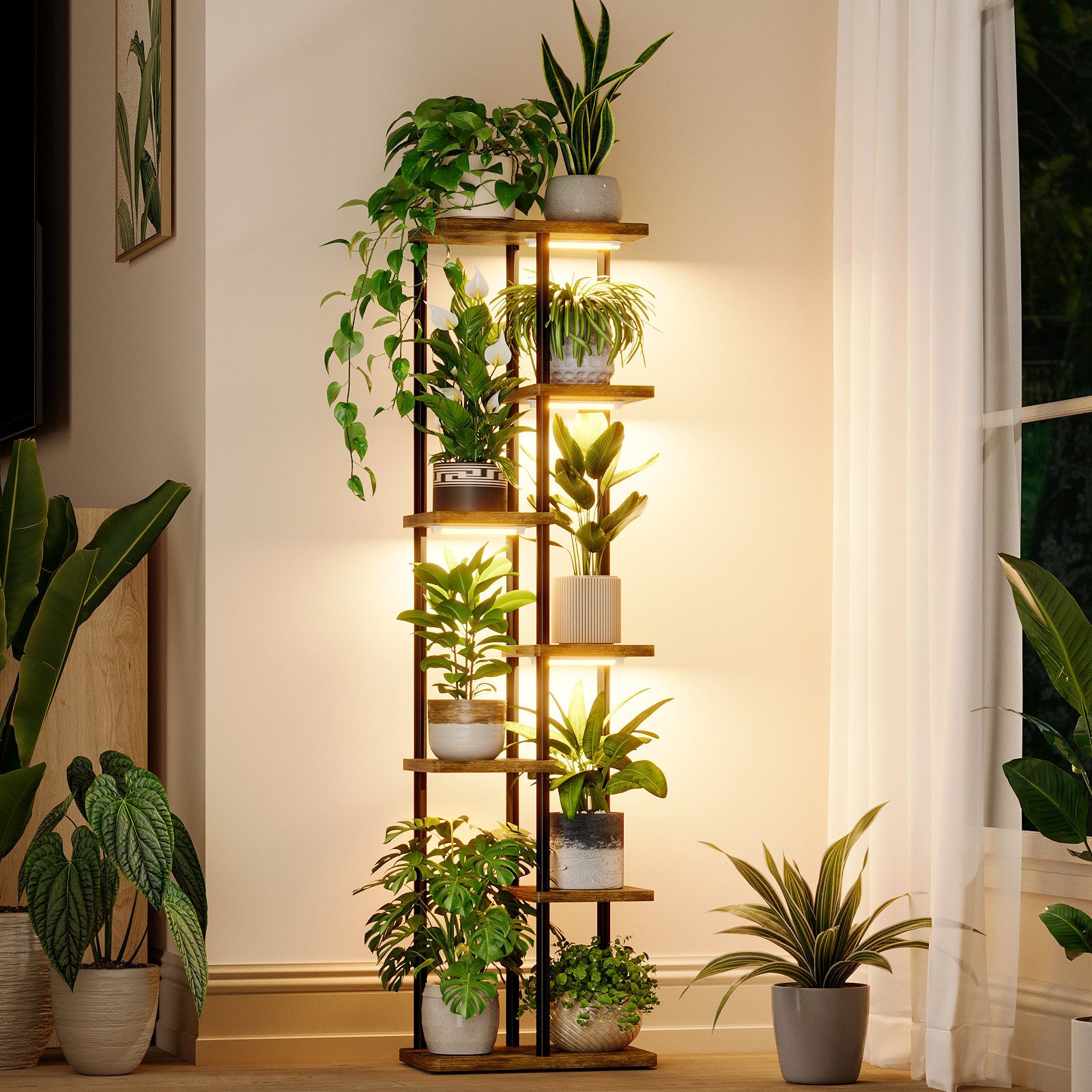 Bamworld Blumenständer Pflanzenständer mit Wachstumslicht, 7-stufig, Metall-Holz, eckig (1 St), Für Zimmerpflanzen, ideal für Wohnzimmer, Terrasse und Balkon