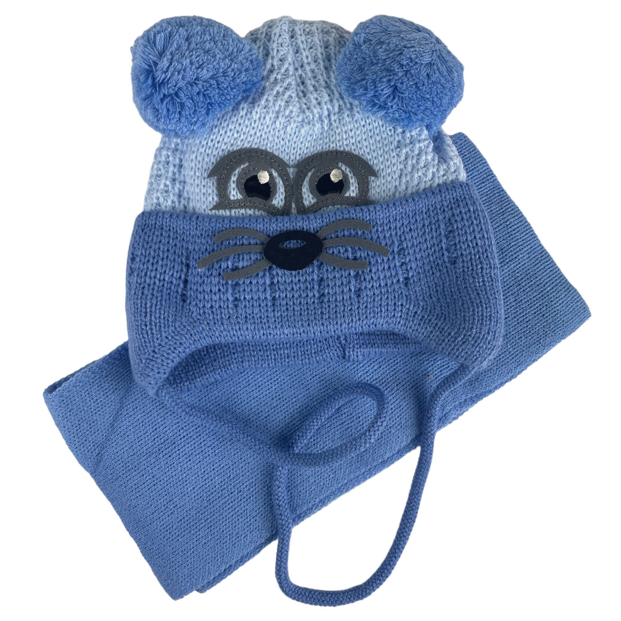 Taschen4life Mütze Maus Kinder Set Gesicht Schal Set) teiliges Ohren KK11 (2 mit blau/hellblau und Bommel Schal & & Mütze