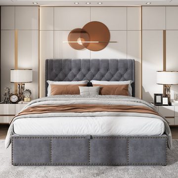 REDOM Polsterbett Doppelbett (140 x 200 cm, ohne Matratze), mit Hydraulikhebel, Aufbewahrung von Bettkästen, Samt, grau