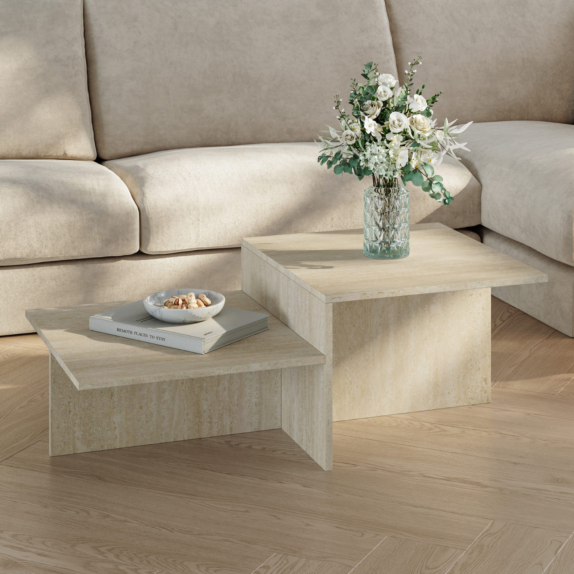 en.casa Couchtisch, »Taniena« mit doppelter Tischplatte eckig 100x55x35 cm Travertin