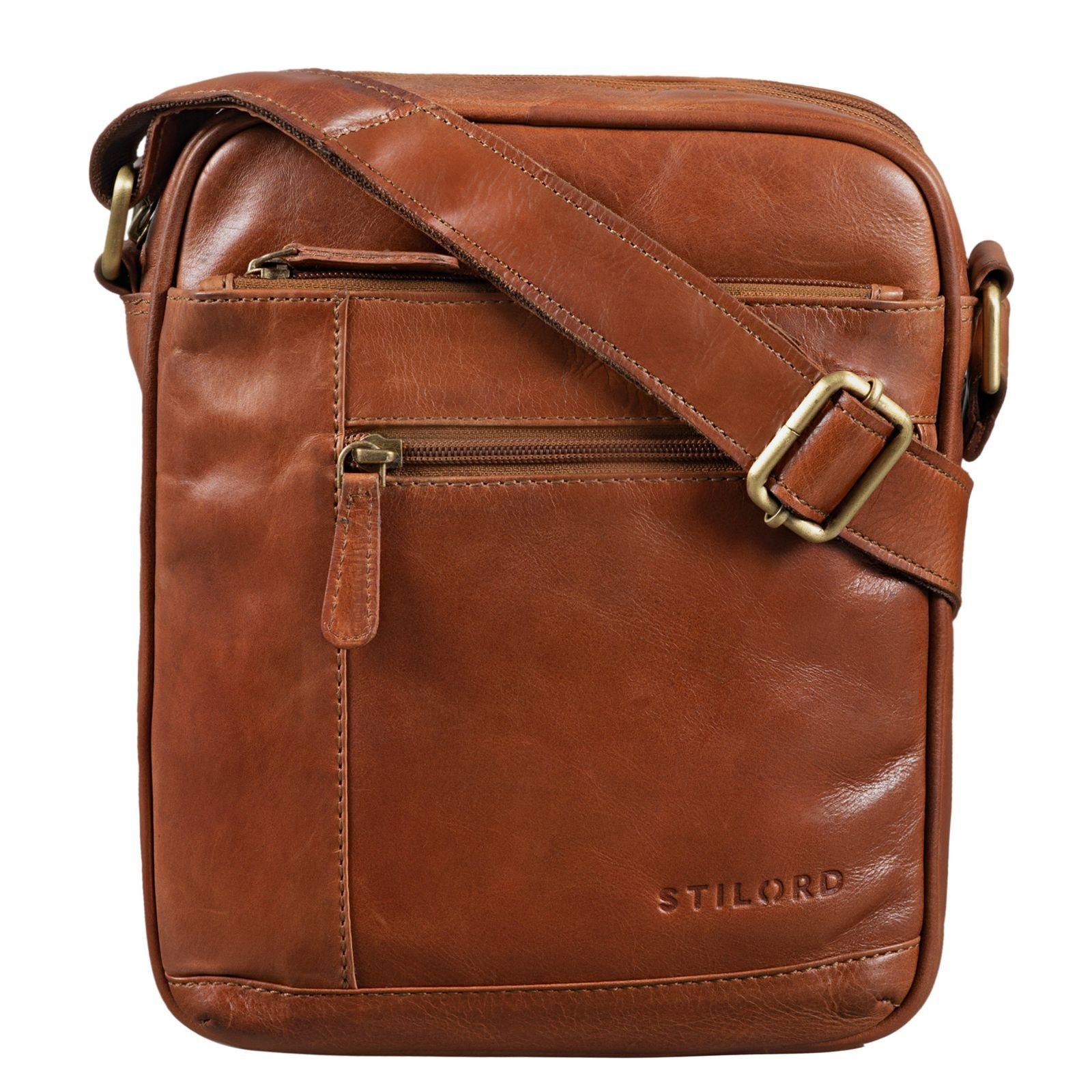 STILORD Messenger Bag "Diego" Vintage Herrentasche Leder klein cognac - glänzend