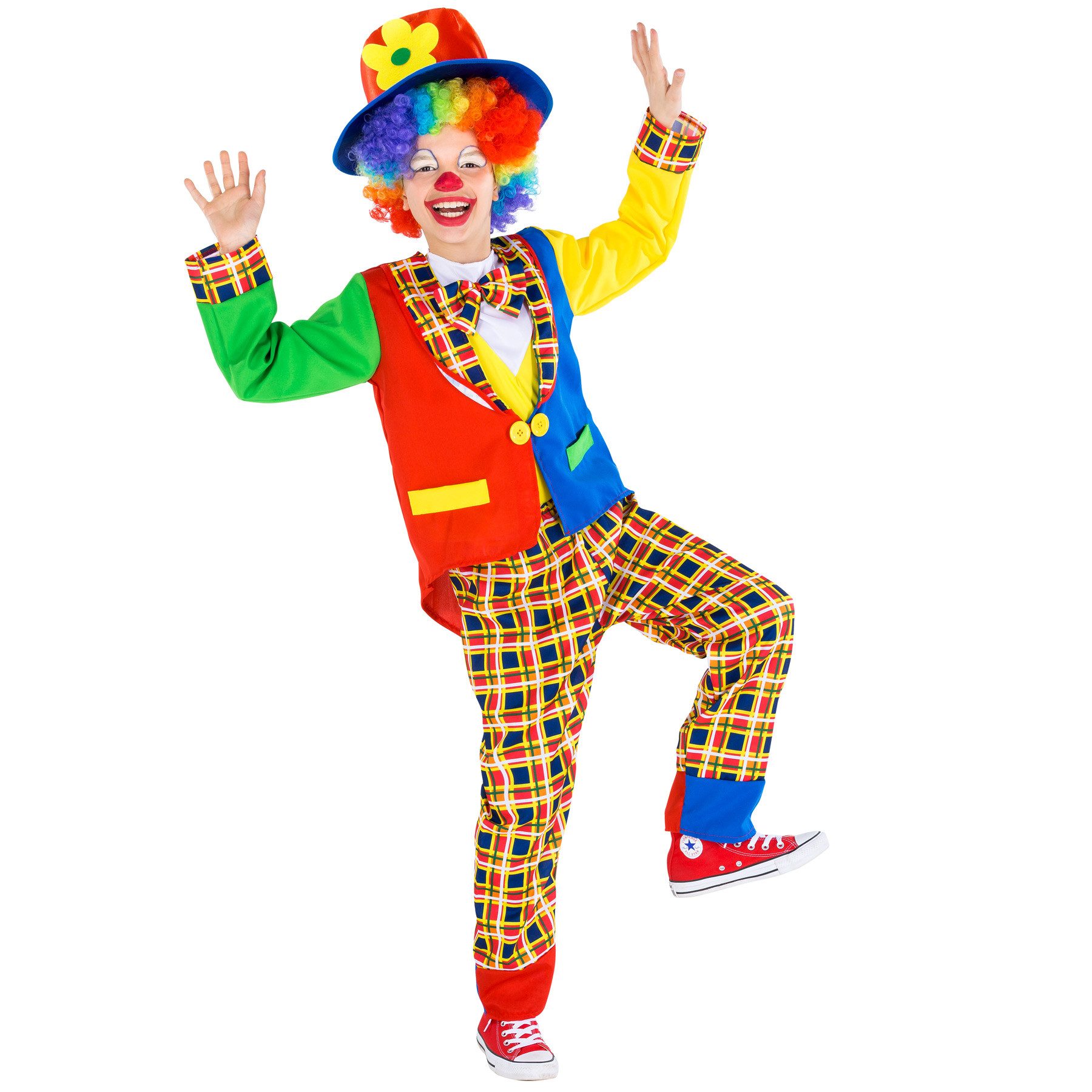 dressforfun Clown-Kostüm Spaßvogel/Komiker, Gr. 128 (7-8 Jahre), Bequeme Hose mit Gummizug, in der Farbe rot, Buntes Kostüm, Schlapphut mit Blumen-Applikation