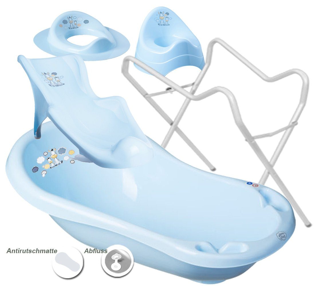 Maltex Babybadewanne 4 Teile SET - ZEBRA Blau + Ständer Weiß - Badeset Baby Badesitz Wanne, (Made in Europe), = BABYWANNE + SITZ + TOPF + WC AUFSATZ + GESTELL