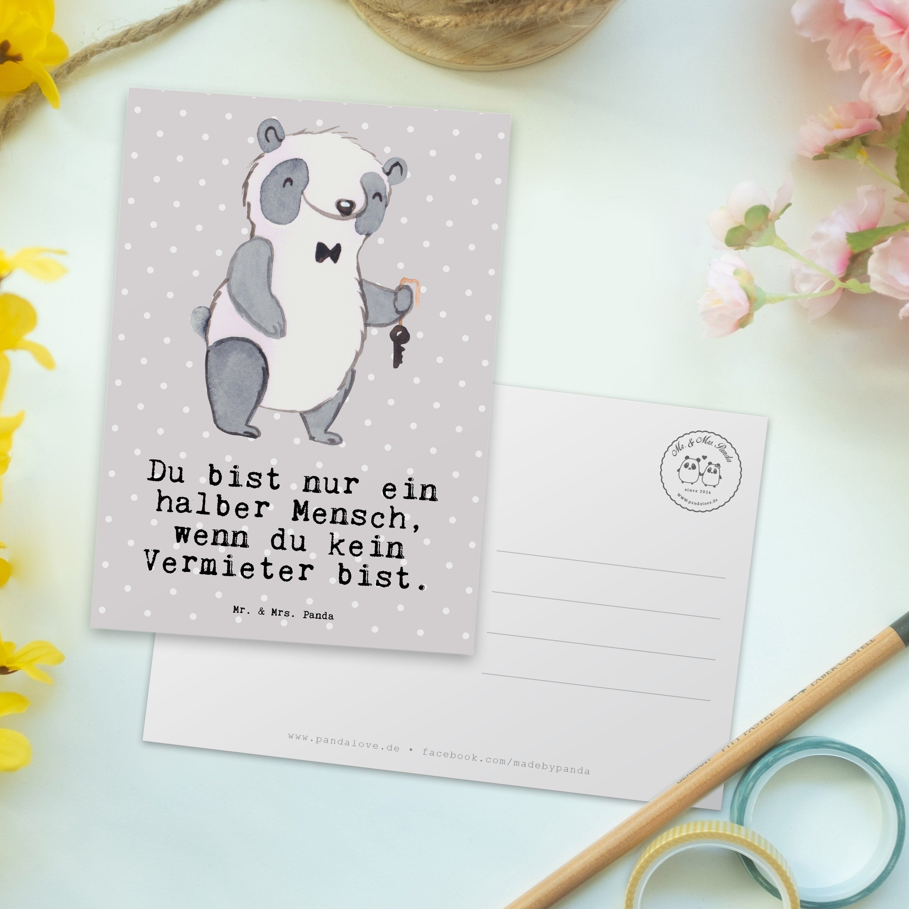 - & Geschenkkarte, mit - Postkarte Grau Herz Panda Mrs. Dankesch Pastell Geschenk, Mr. Vermieter