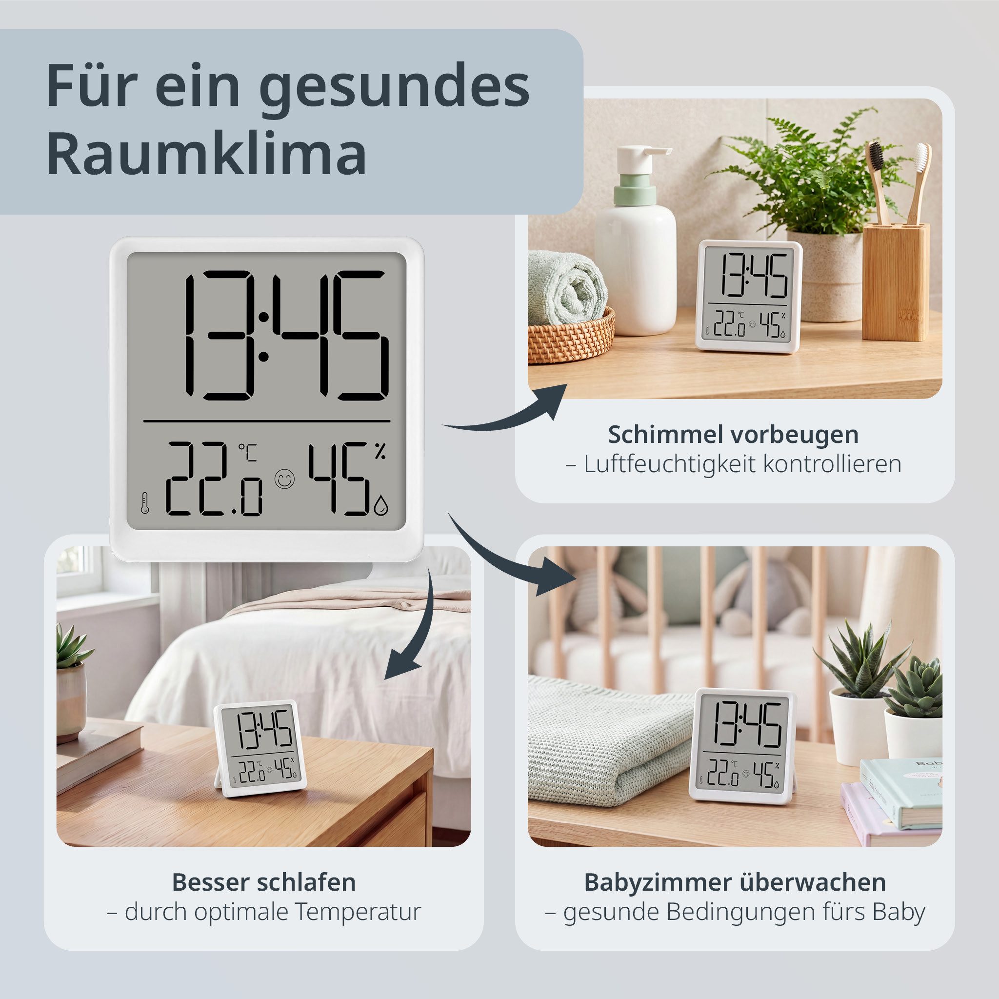 ADE Tischuhr Digitale Uhr mit Temperatur- und Luftfeuchtigkeitsanzeige mit Batterie, Wecker, Schlummerfunktion