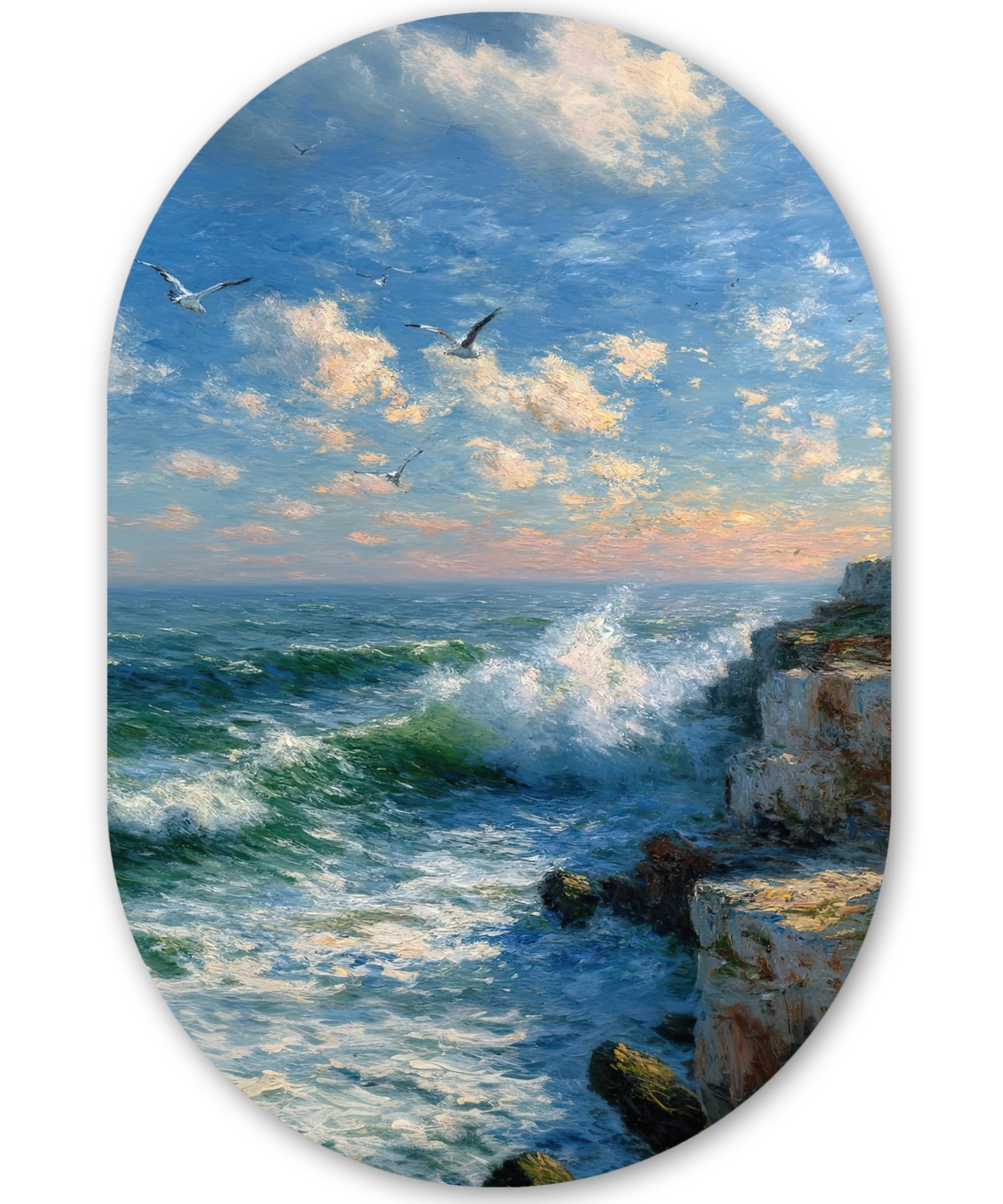 MuchoWow Gemälde Meer - Wellen - Felsen - Möwen, Fotodruck (1 St), Wandbild Oval, Wohnzimmer oder Schlafzimmer Wanddekoration, 40x60 cm