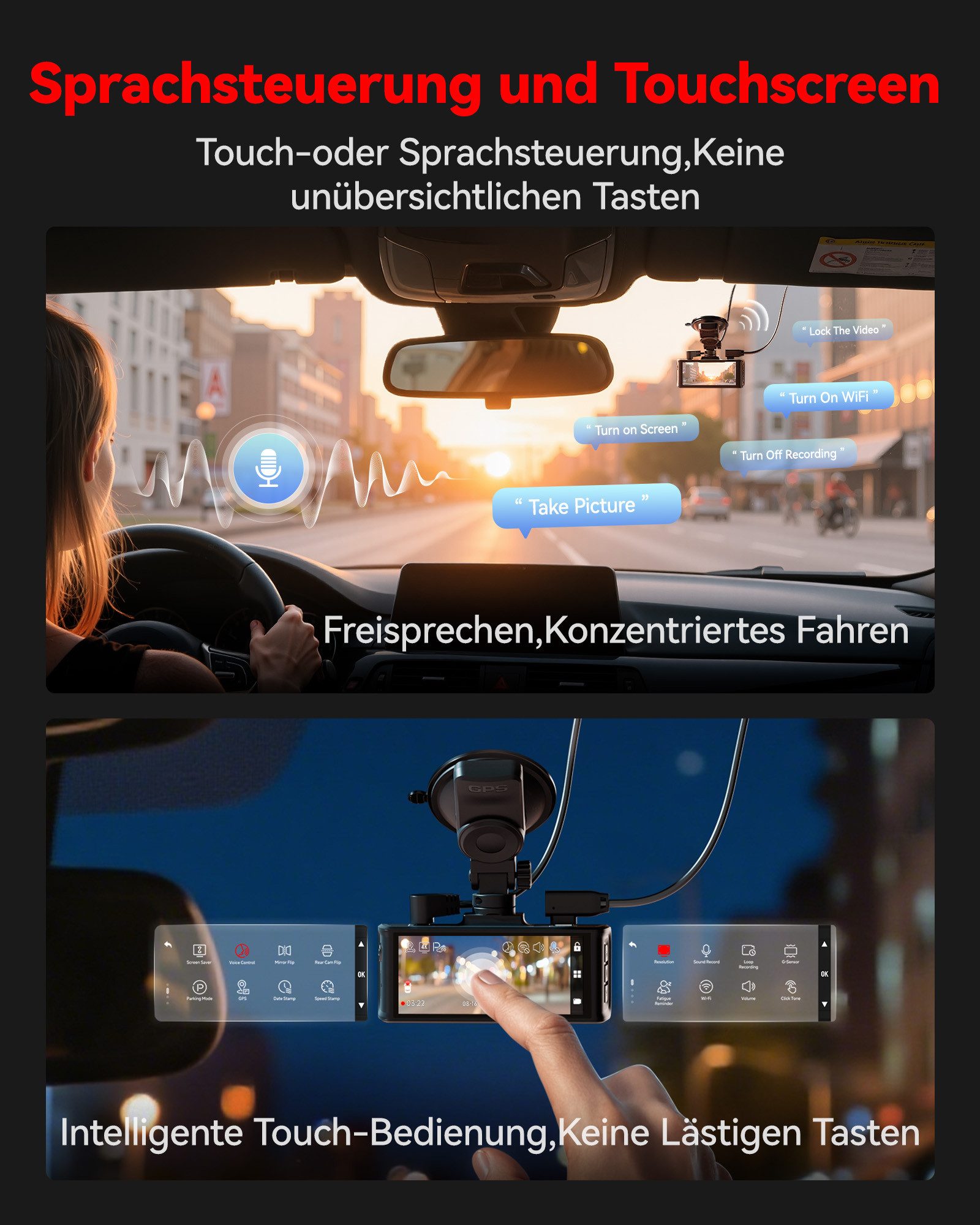 REDTIGER 4K+1080P Duale Autokamera mit 170° Weitwinkel, WDR Nachtsicht, GPS Dashcam (WLAN (Wi-Fi), Parküberwachung & 128GB-Karte inklusive) – Bild 2 von 5