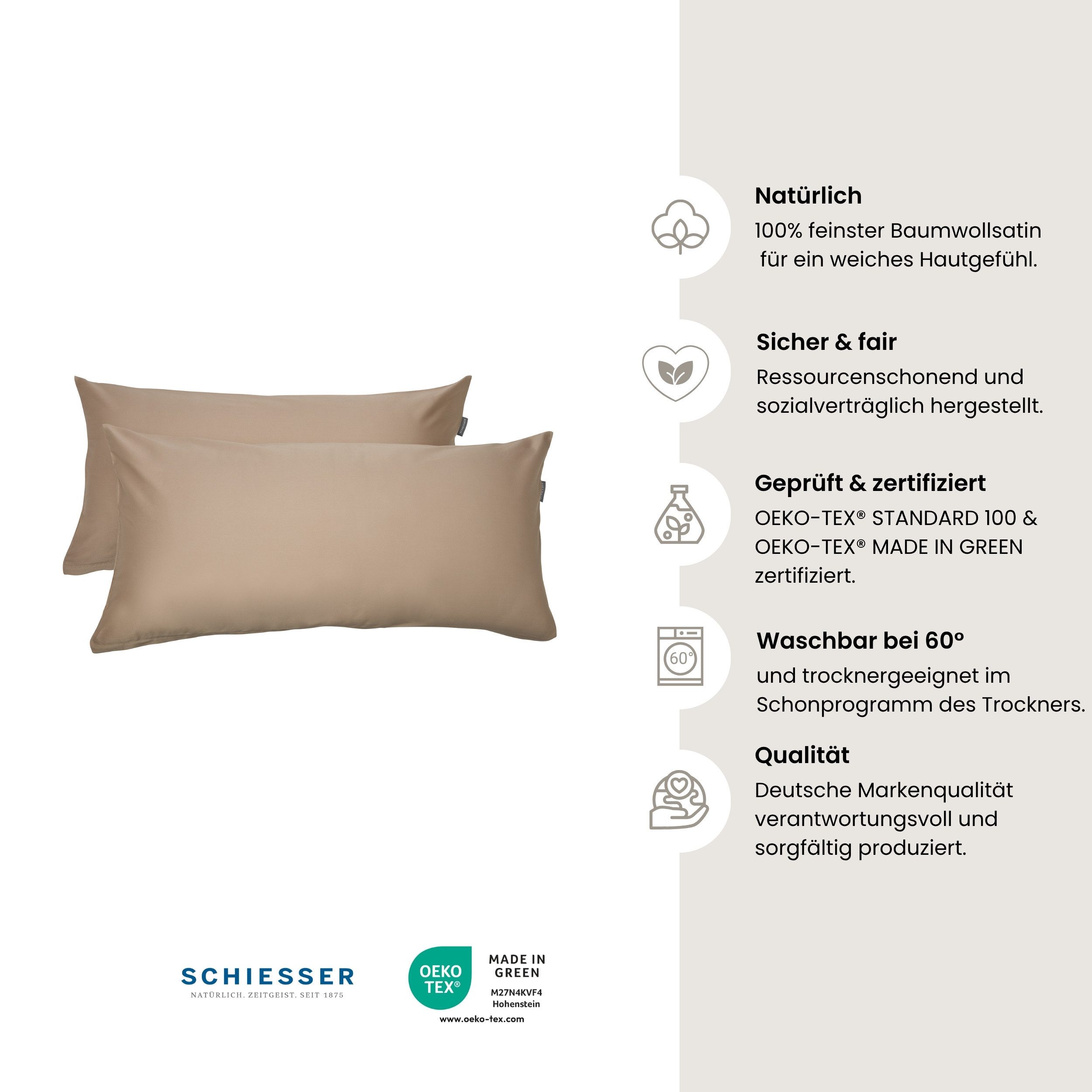 Schiesser Kissenhülle Ella Premium Kissenhüllenset aus feinstem Baumwollsatin, 40x80 cm, (2 Stück), Made in Green