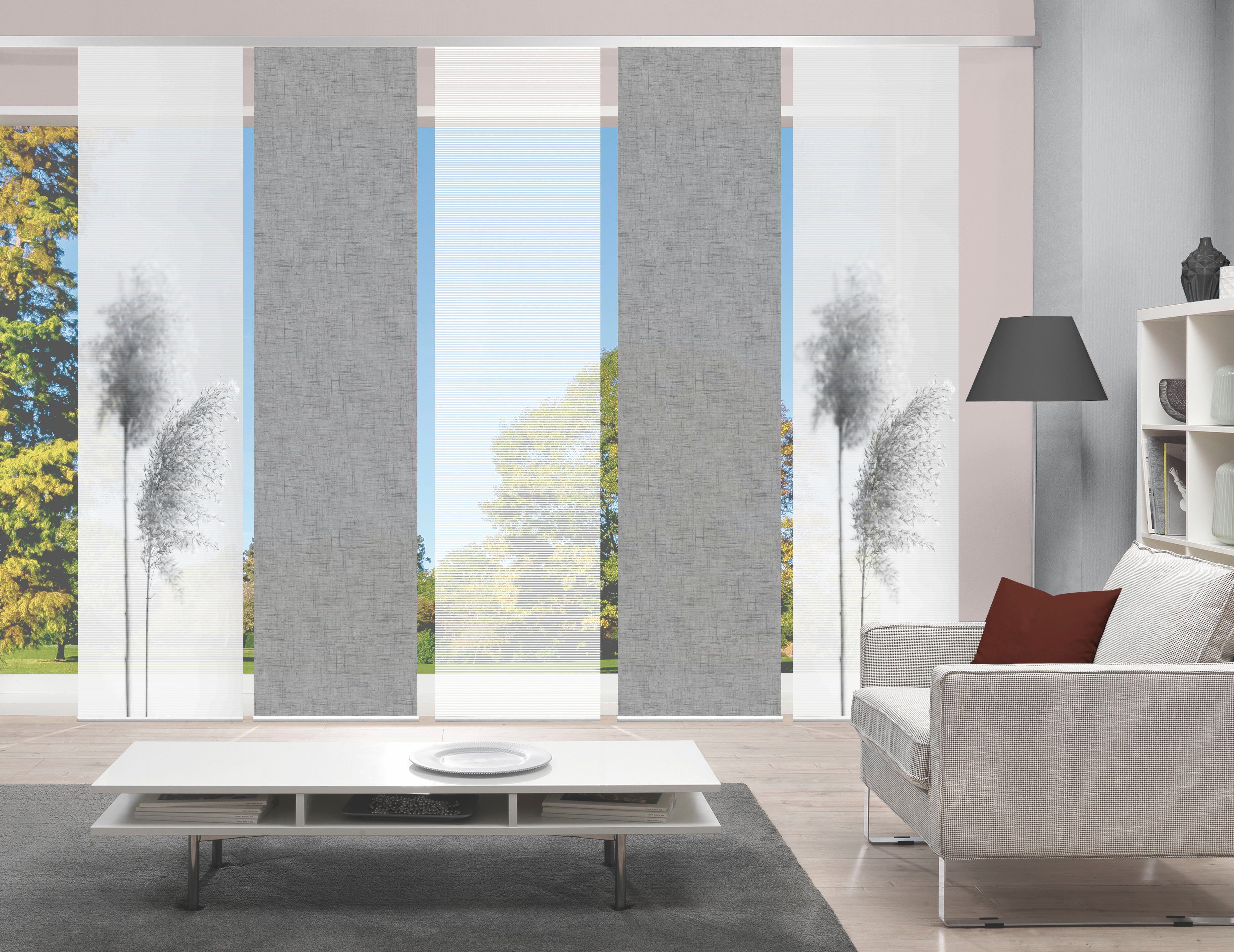 Vision S Schiebegardine IRLOS 5er SET (5 St), Paneelwagen, halbtransparent, Schiebevorhang Digidruck 5er Set IRLOS