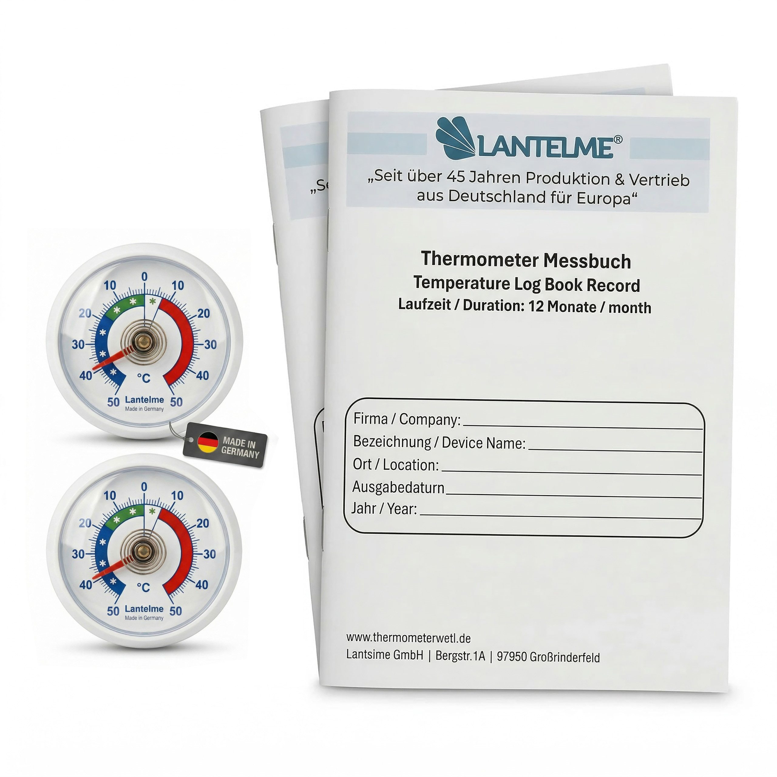 Lantelme Kühlschrankthermometer je 2 Stück Set mit Protokollheft 4-Thermometer und Logbuch DIN A5, Kühlschrank Gefrierschrank Kühltheke Temperaturen geeignet, Temperatur Messwerte 3 täglich über 12 Monate für Dokumentieren