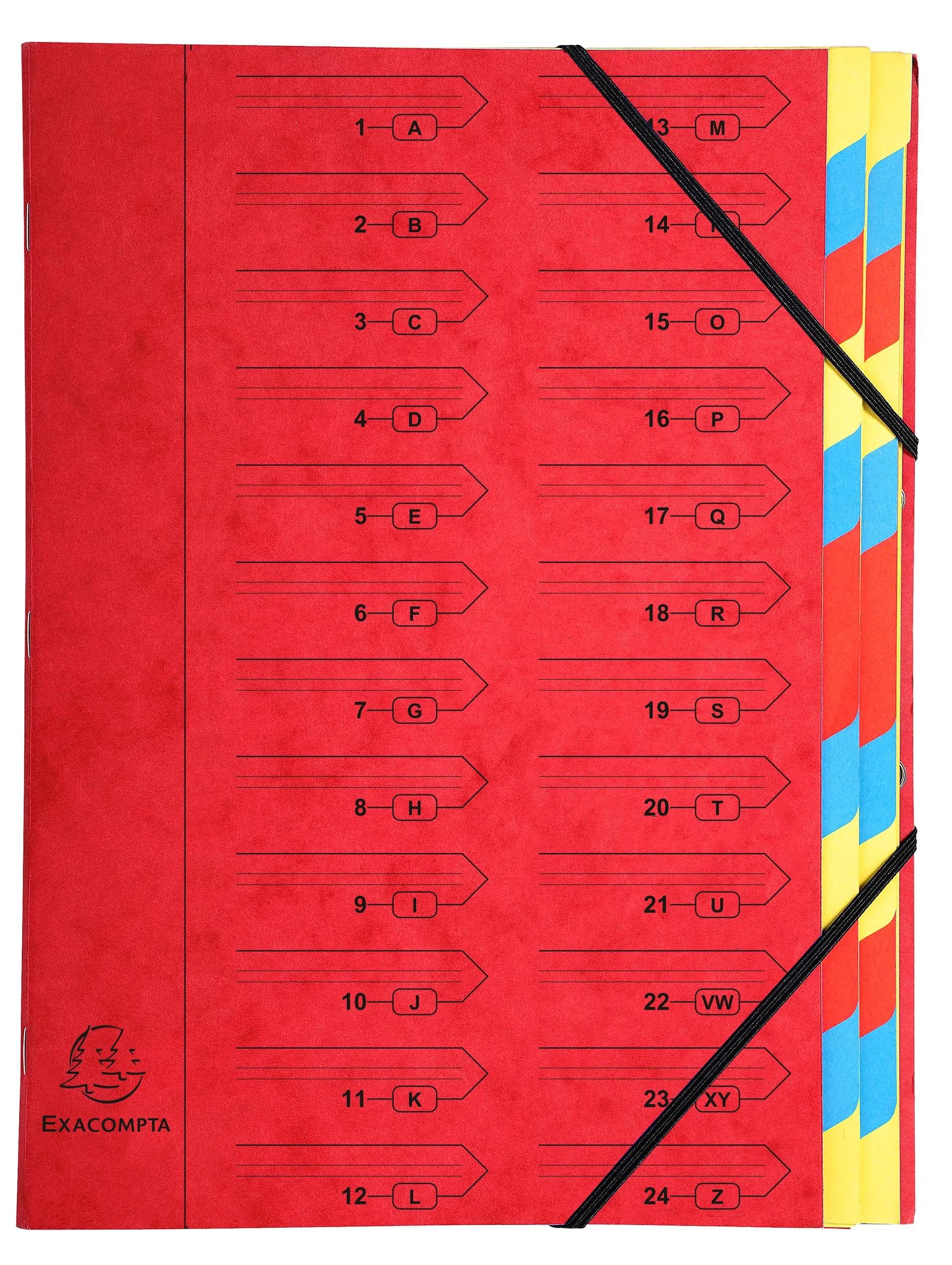 EXACOMPTA Fächermappe 8x Ordnungsmappe Karton 355g/qm + Gummizug 24 Fächer A4 Rot 54245E, Manila gehefte Ordnungsmappe