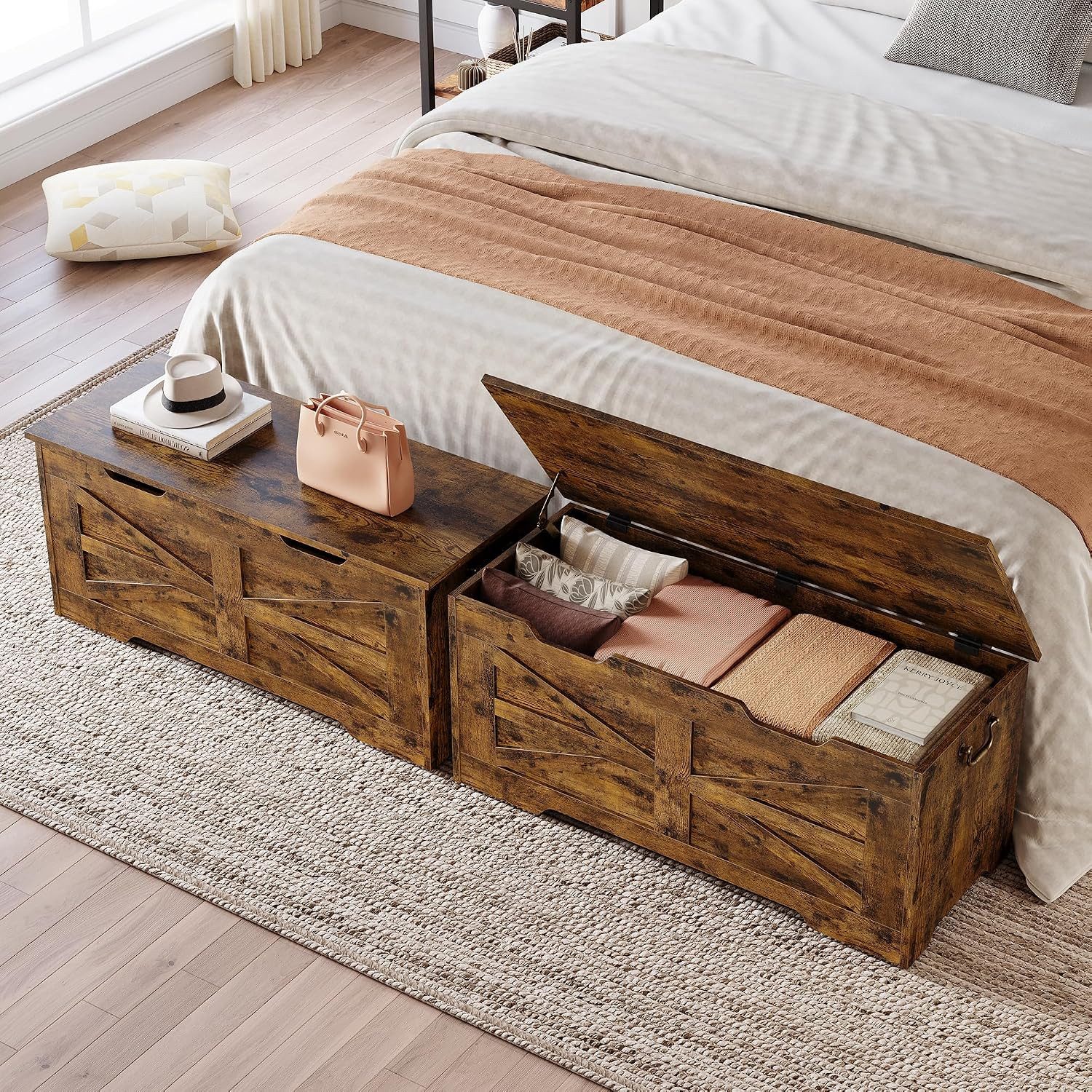 GarveeMore Aufbewahrungsbox 100cm Holz-Sitzbank mit Sicherheits-Scharnier,Aufbewahrungstruhe, Truhe mit Klappdeckel (z. B. für Decken), belastbar bis 159 kg – Bild 3 von 4