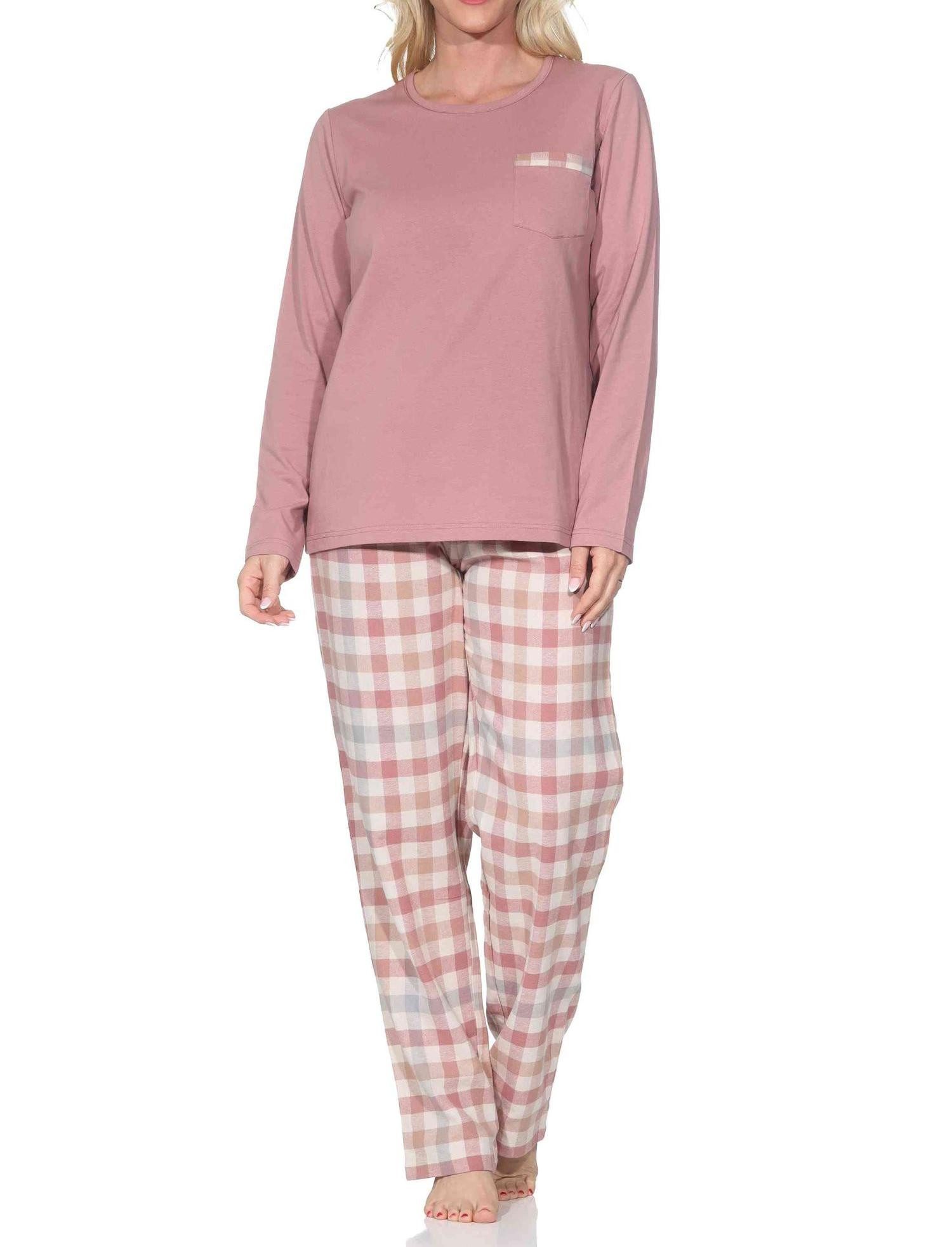 Pyjama Normann Damen Schlafanzug lang mit Flanell Pyjamahose in Karo Optik