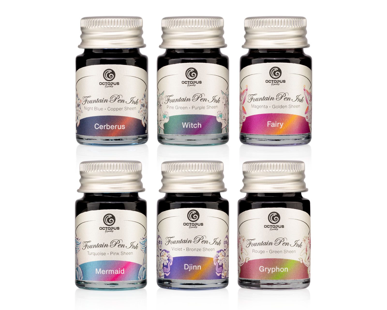 OCTOPUS Fluids Sheen Ink Set 2, Zweifarb-Schreibtinten für Füllhalter, 6 x 10 ml Tintenglas (1-tlg., mit Glanz-Effekt)