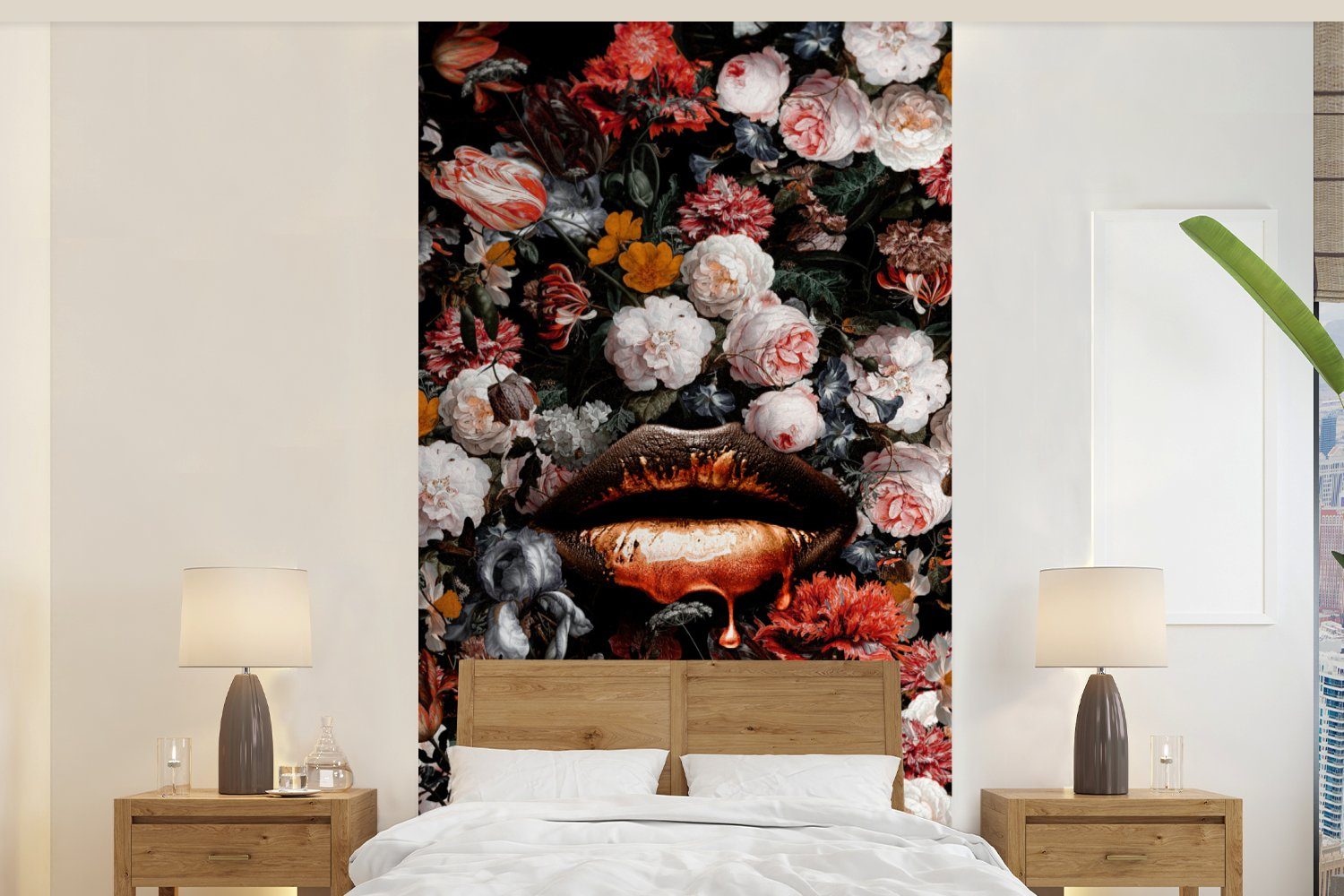 MuchoWow Fototapete Lippen - - Schlafzimmer - Fototapete Meister, Alte bedruckt, Orange - Vliestapete Küche, für Kunst Matt, St), Wohnzimmer - - Farbe Blumen (2 Abstrakt