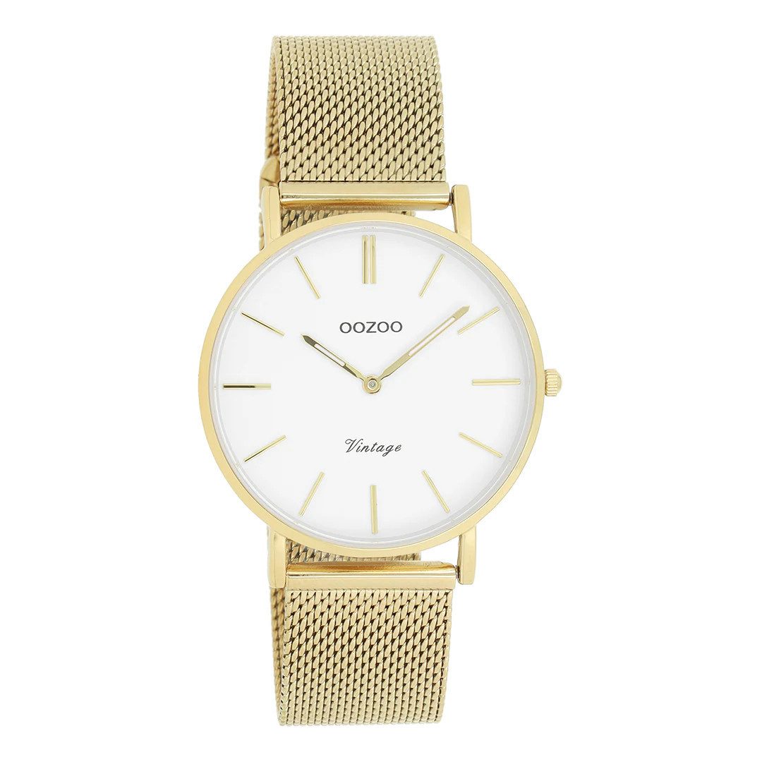 Quarzuhr Vintage Damenuhr C9910 Weiss Milanaiseband IP-Gold 36 mm C9910